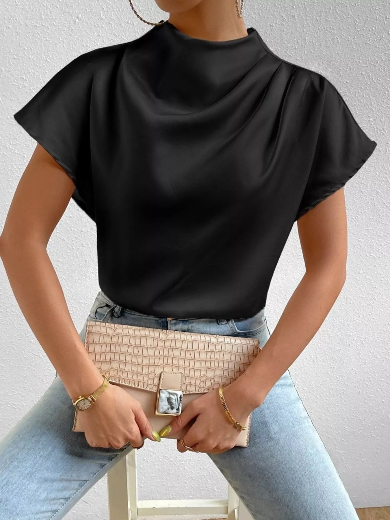 Mock Neck Satin Blouse