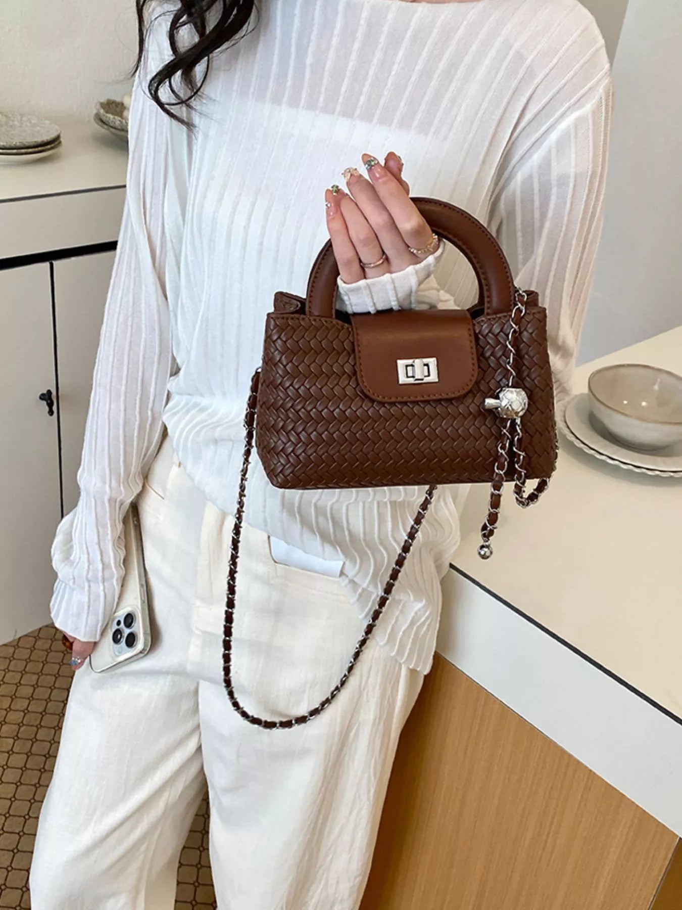 Woven Texture Crossbody Bag with Chain Strap