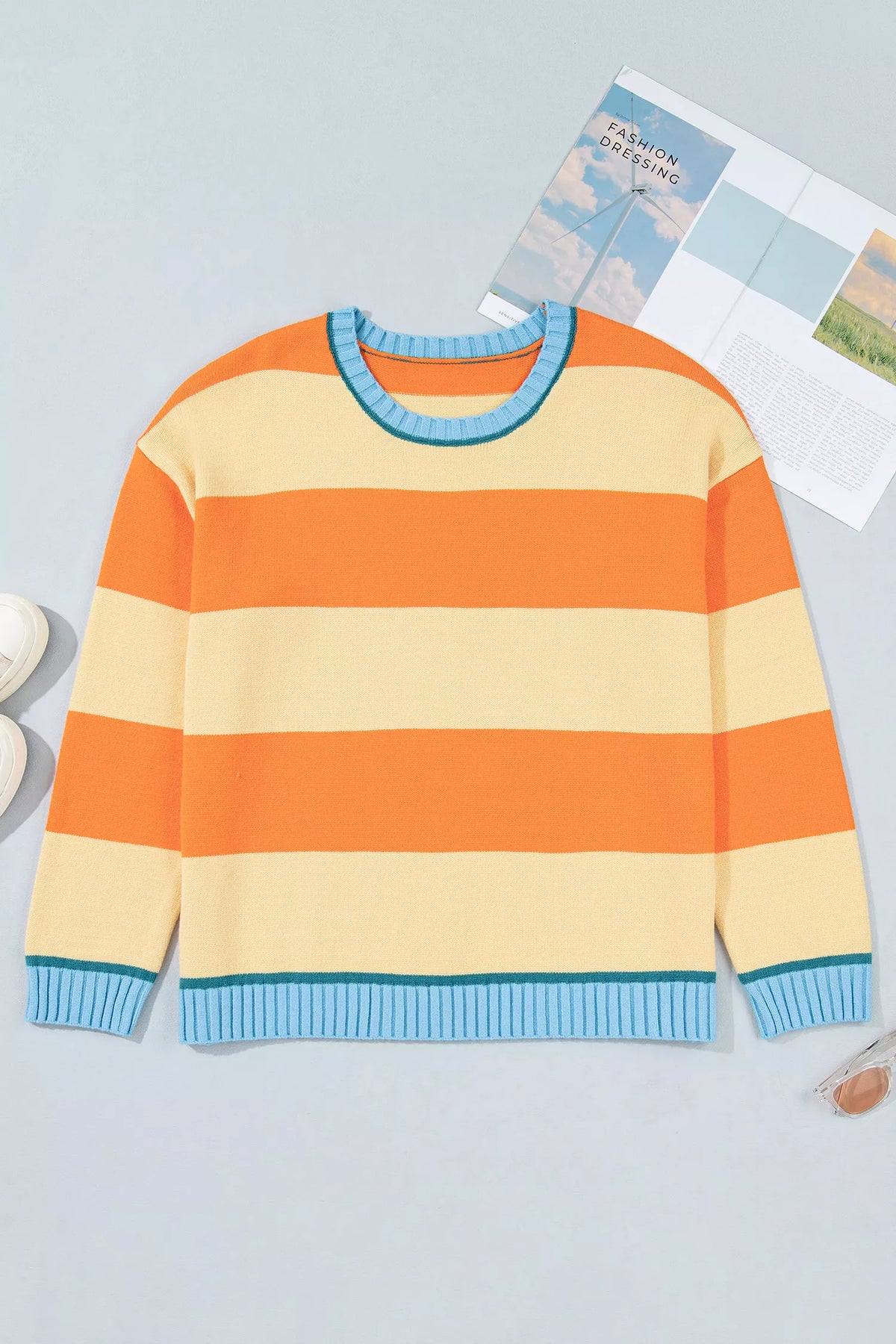 Plus Size Striped Color Block Round Neck Long Sleeve Oversized Sweater