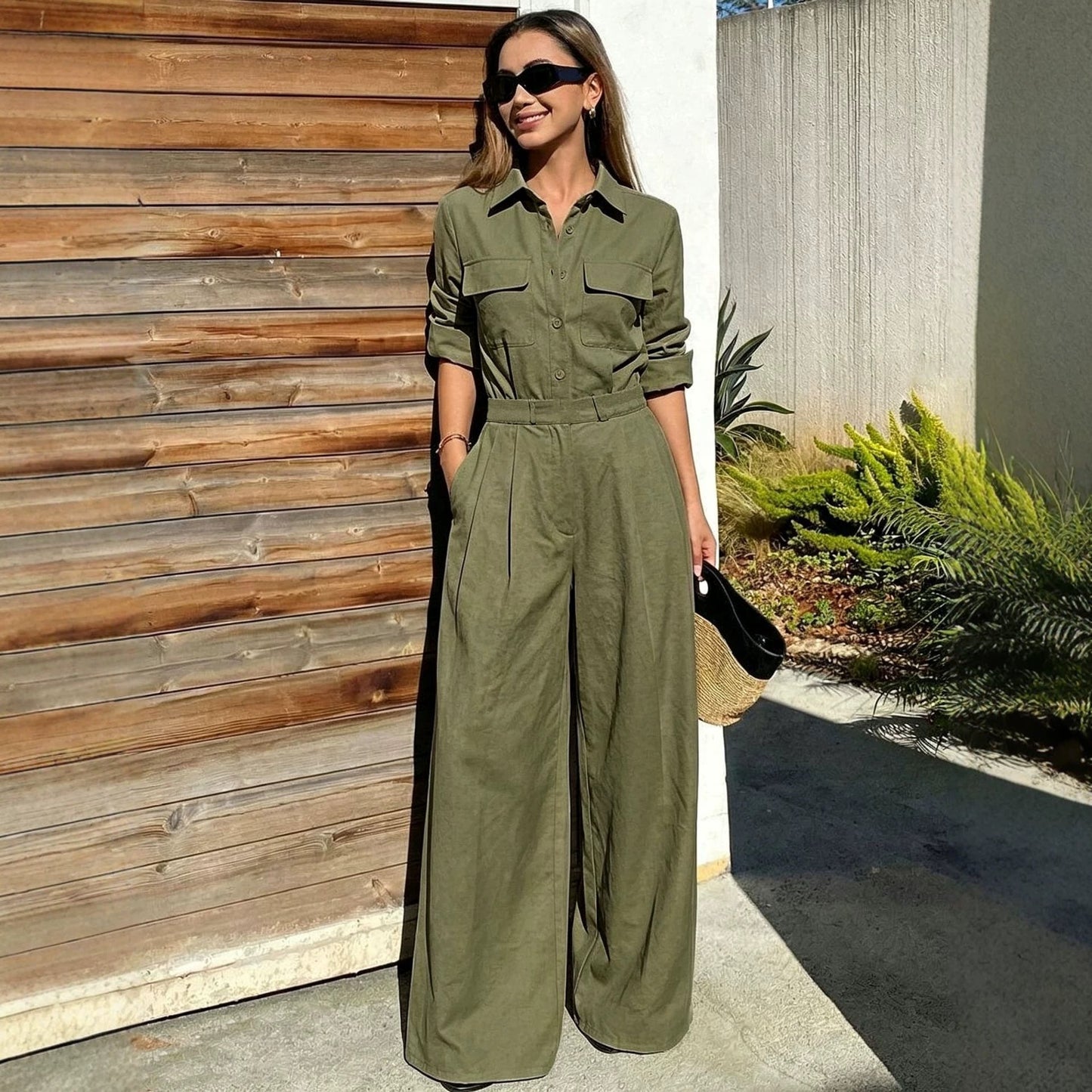 Women's Collar Long Sleeve Jumpsuit – Loose Fit Full Length
