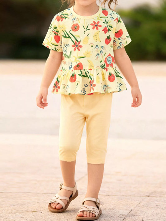 Children's Floral Print Ruffle Hem Top & Capri Leggings Set