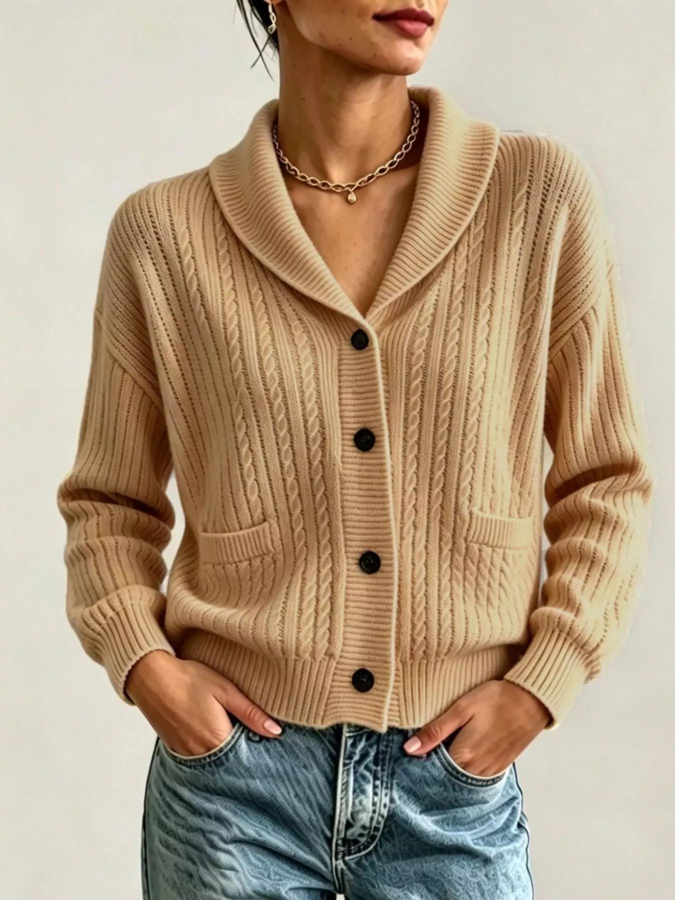 Full Size Shawl Collar Cable Knit Cardigan Plus Size