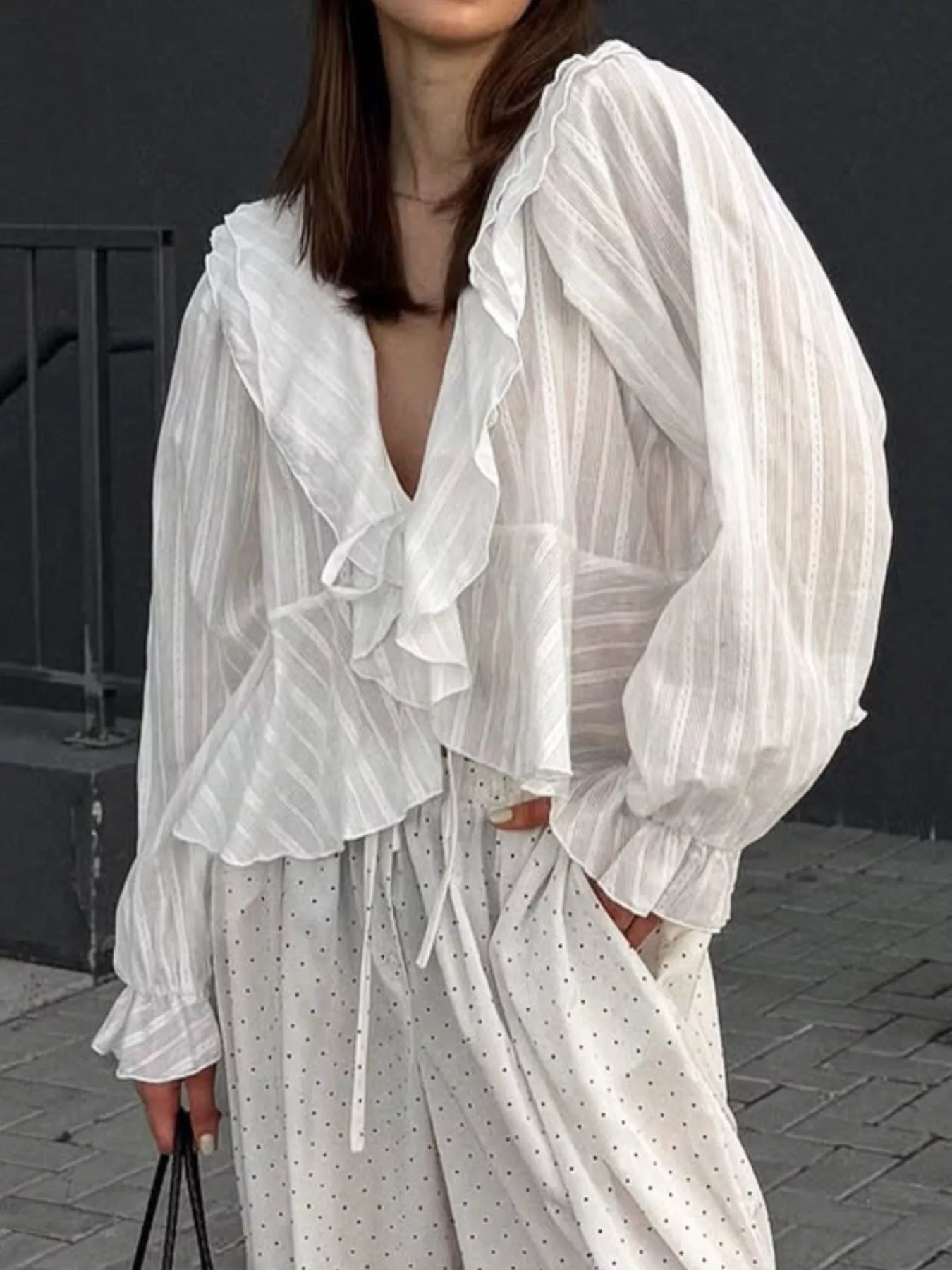 Ruffled Striped Flounce Sleeve Blouse