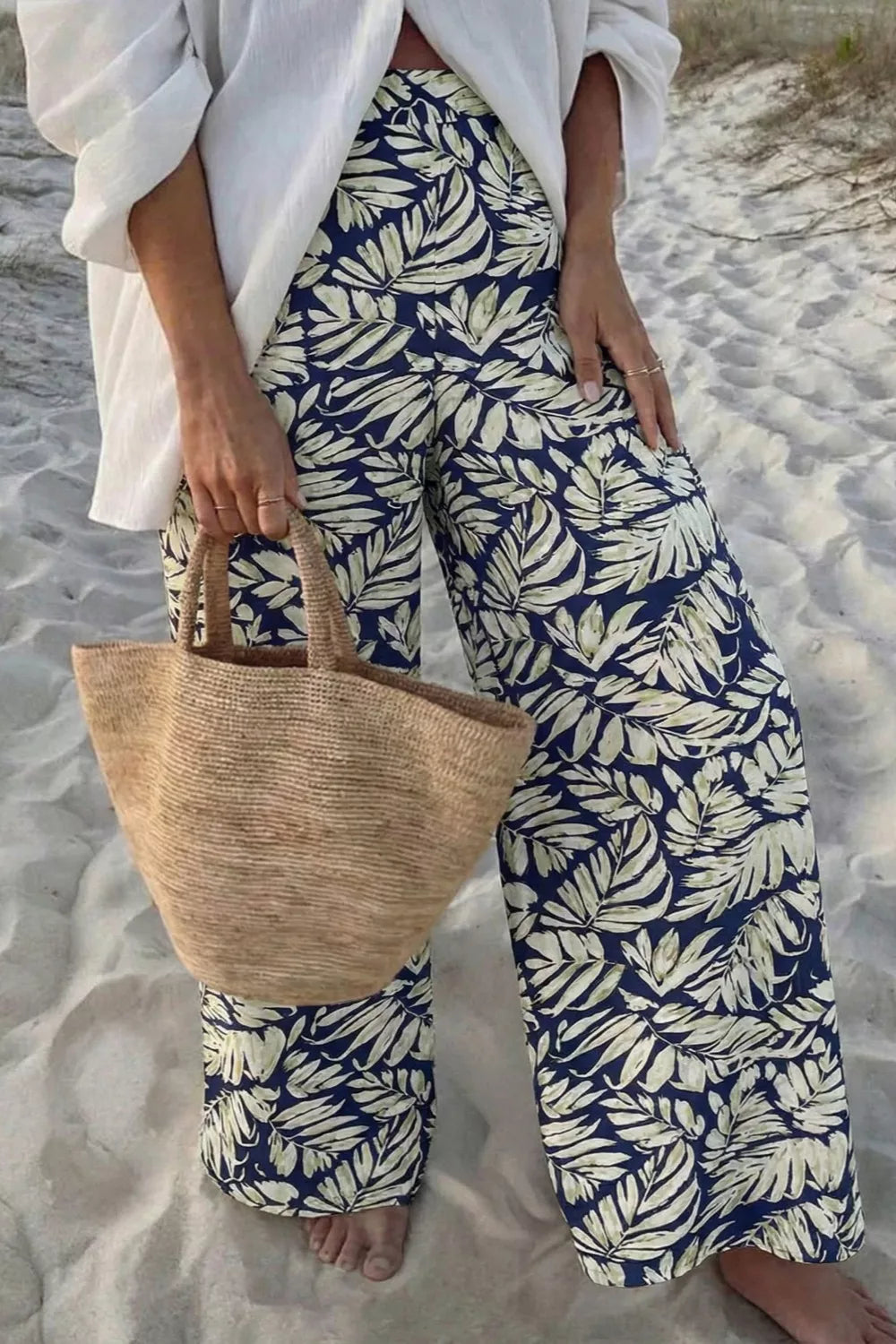 Leaf Print Wide Leg Pants