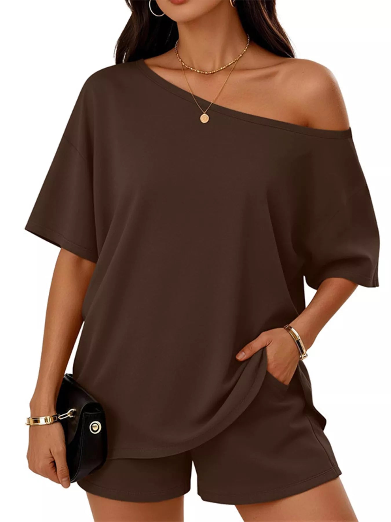 One-Shoulder Short Sleeve Top and Shorts Set