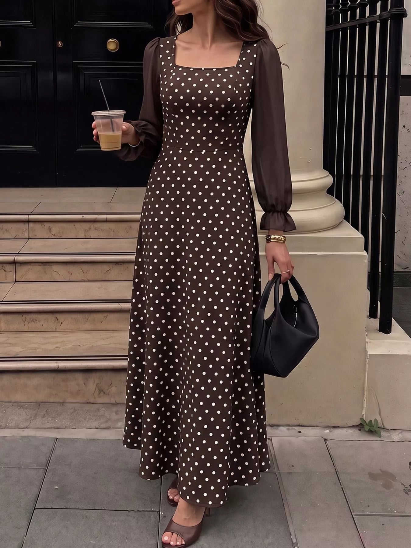 Polka Dot Square Neck Long Sleeve Maxi Dress