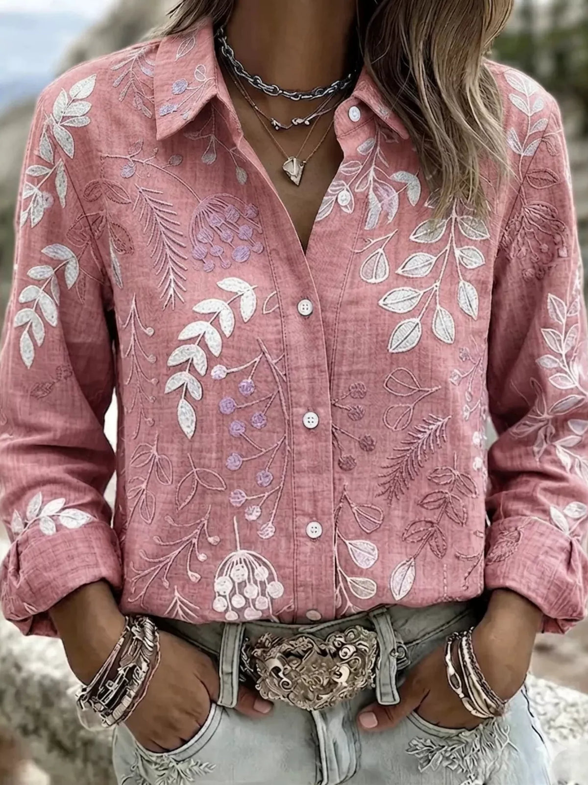 Full Size Leaf Embroidered Button-Down Shirt Plus Size