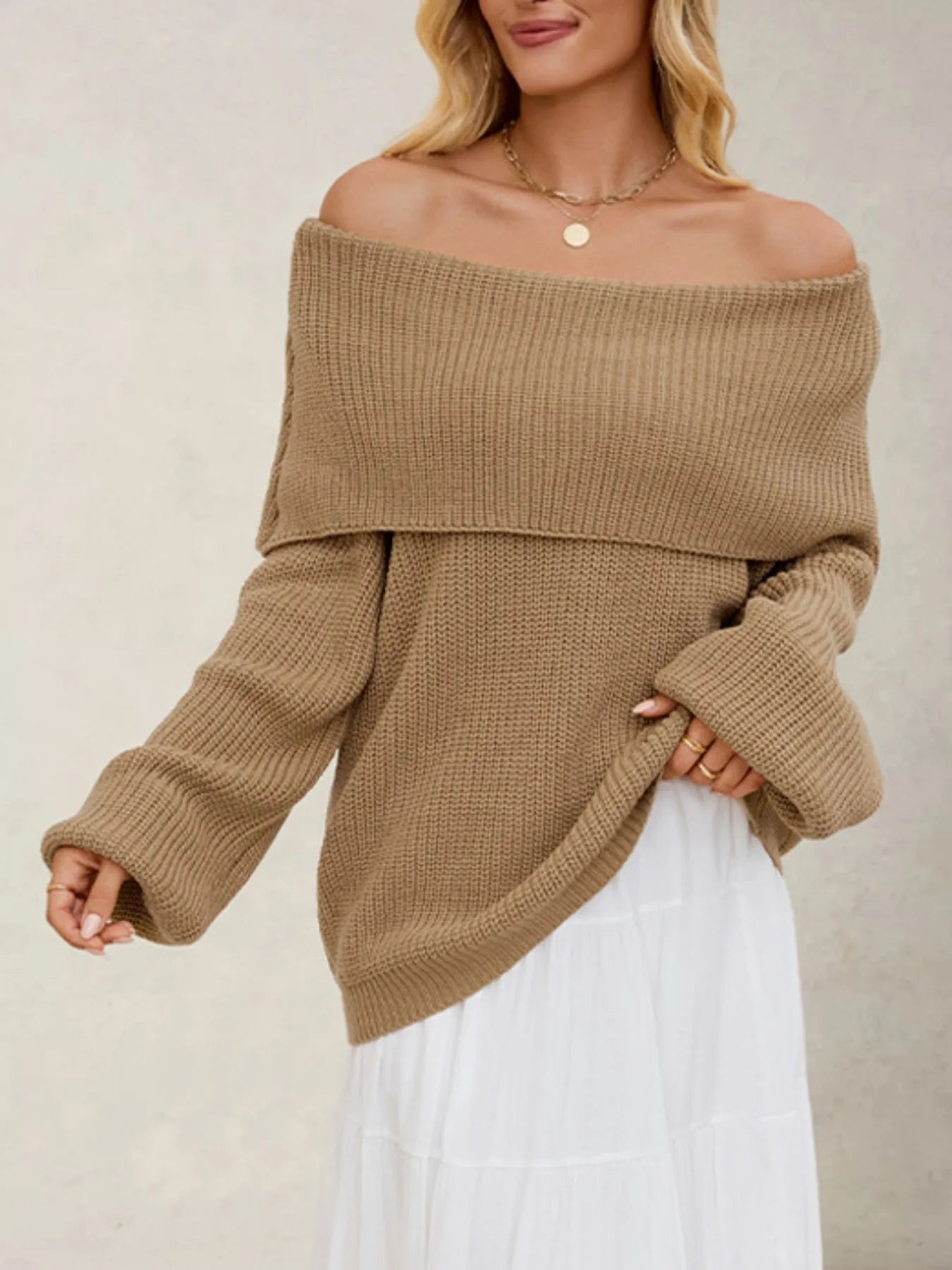 Fold-Over Collar Long Sleeve Sweater