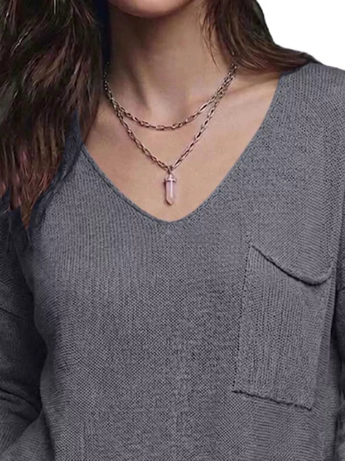 V-Neck Chest Pocket Knit Top