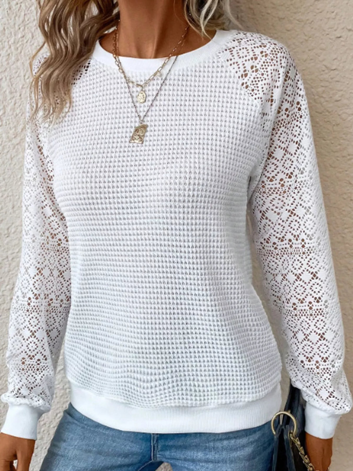 Waffle Knit Lace Sleeve T-Shirt