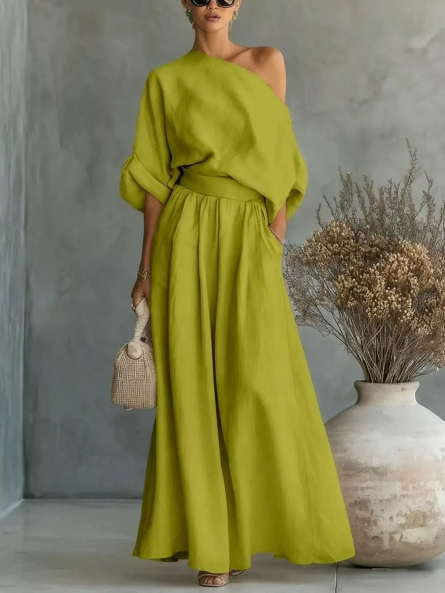 Full Size One Shoulder Top and Wide Leg Pants Set Plus Size