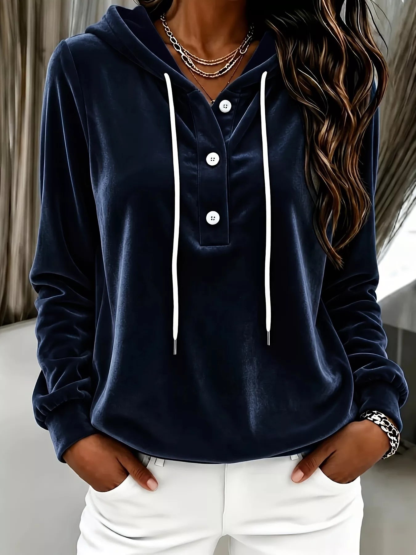 Full Size Drawstring Button Detail Hoodie Plus Size