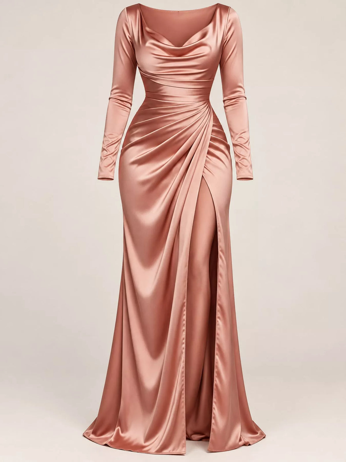 Full Size Satin Cowl Neck High Slit Evening Maxi Dress Plus Size