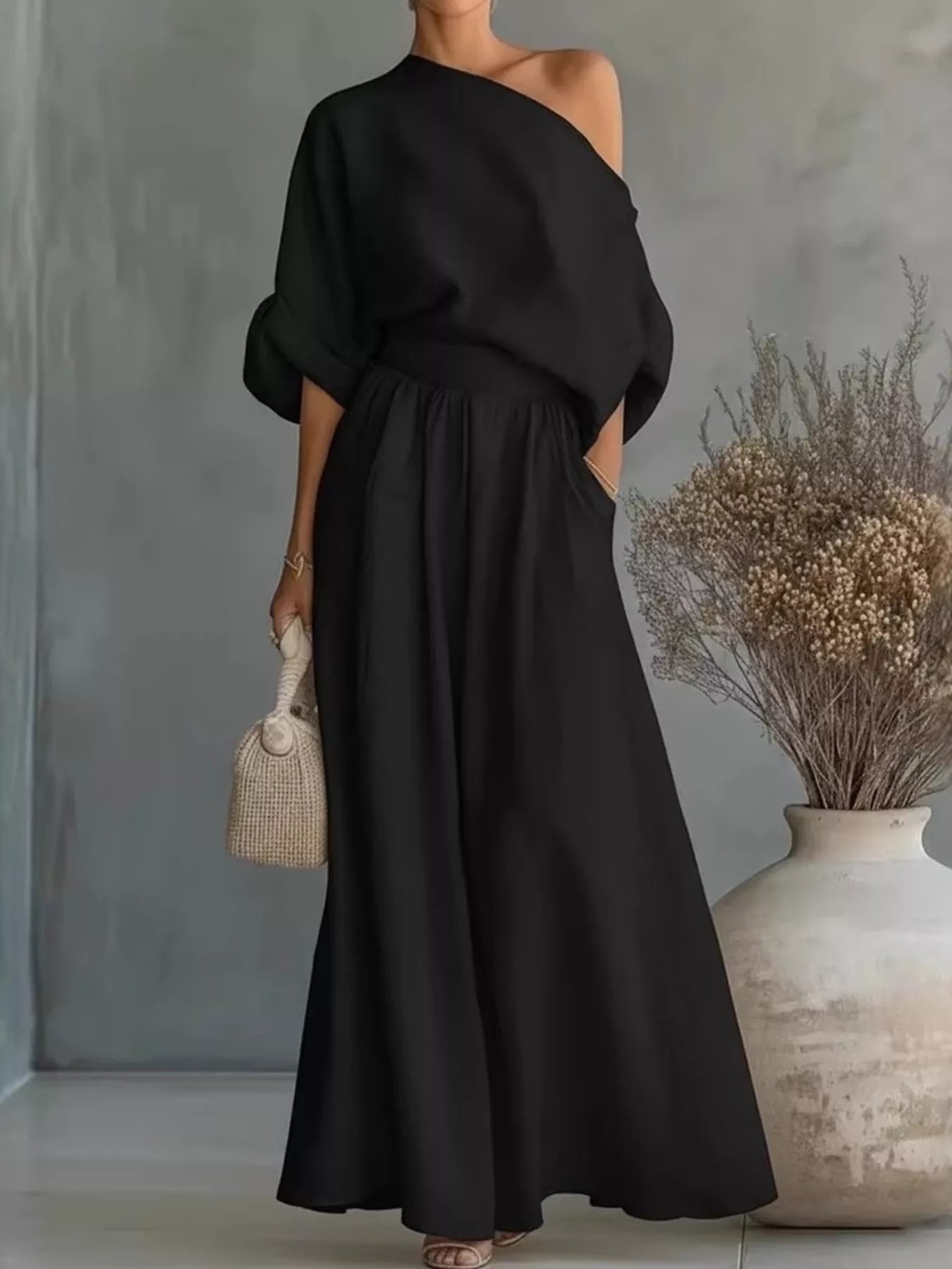 Full Size One Shoulder Top and Wide Leg Pants Set Plus Size