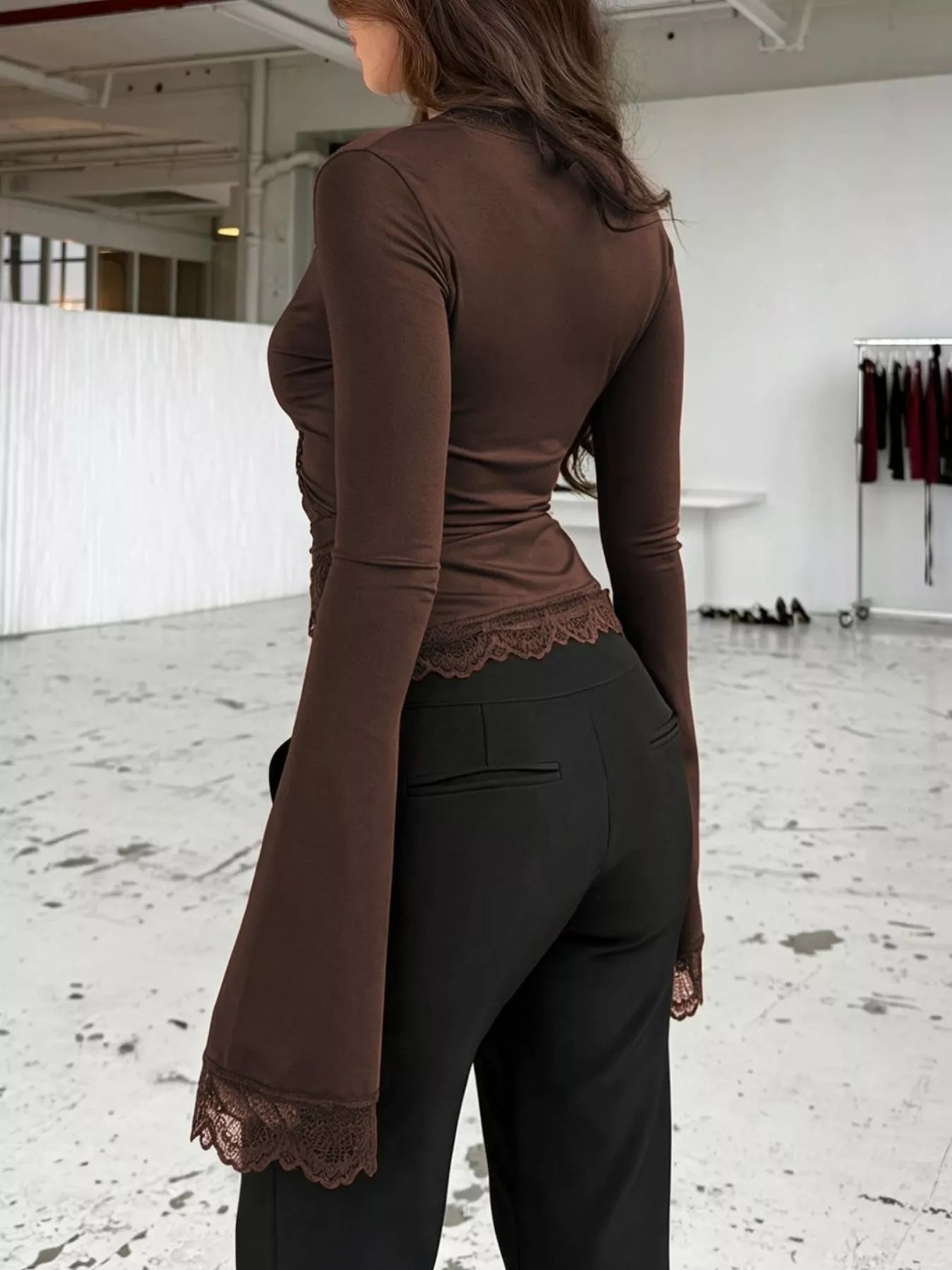Lace-Trimmed Long Sleeve Wrap T-Shirt