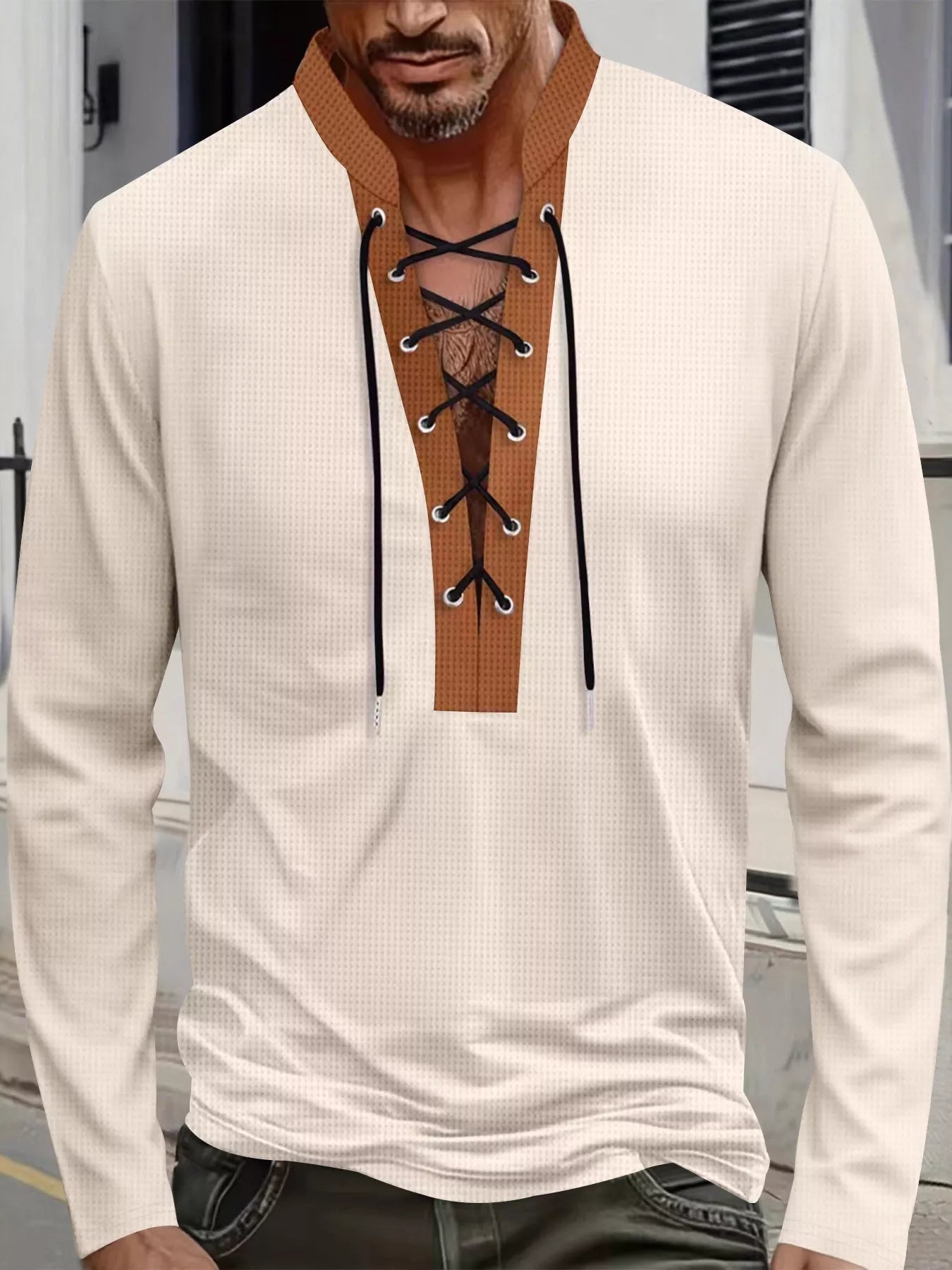 Men's Full Size Vintage Lace-Up Long Sleeve T-Shirt Plus Size