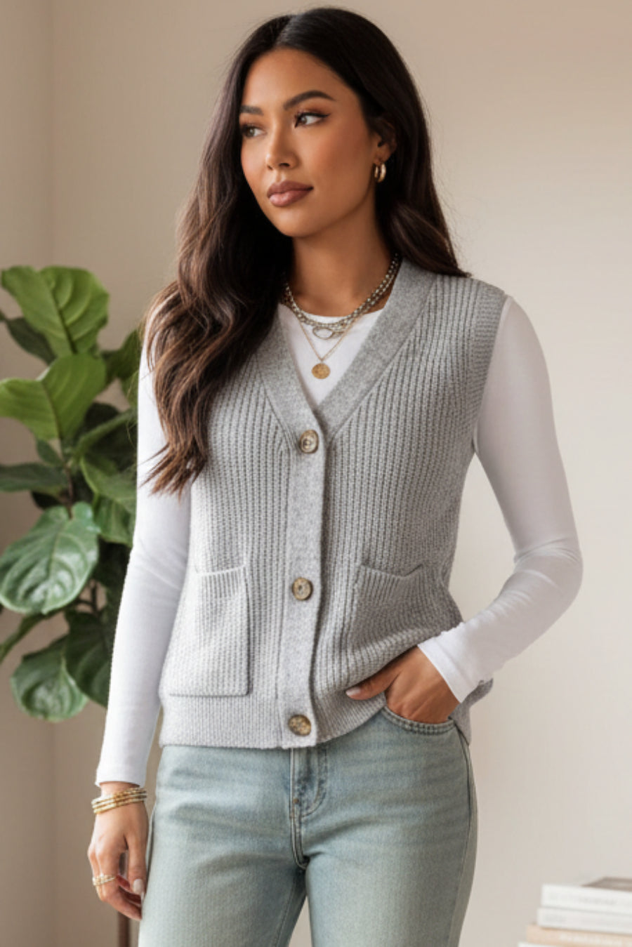 Women's Loose Single-Breasted Knit Sweater Vest