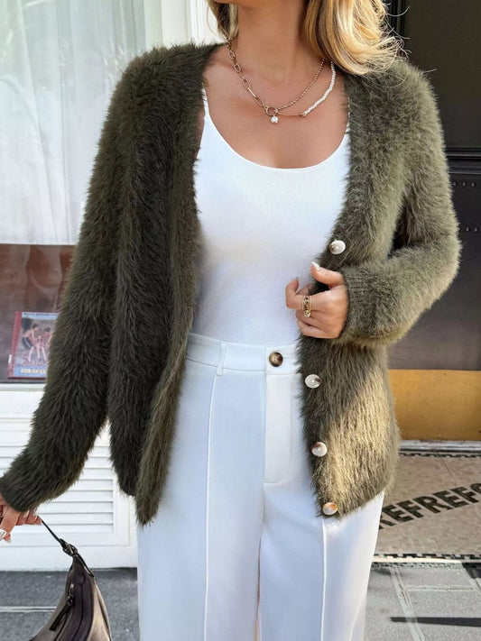 Fuzzy Knit Button-Up Cardigan
