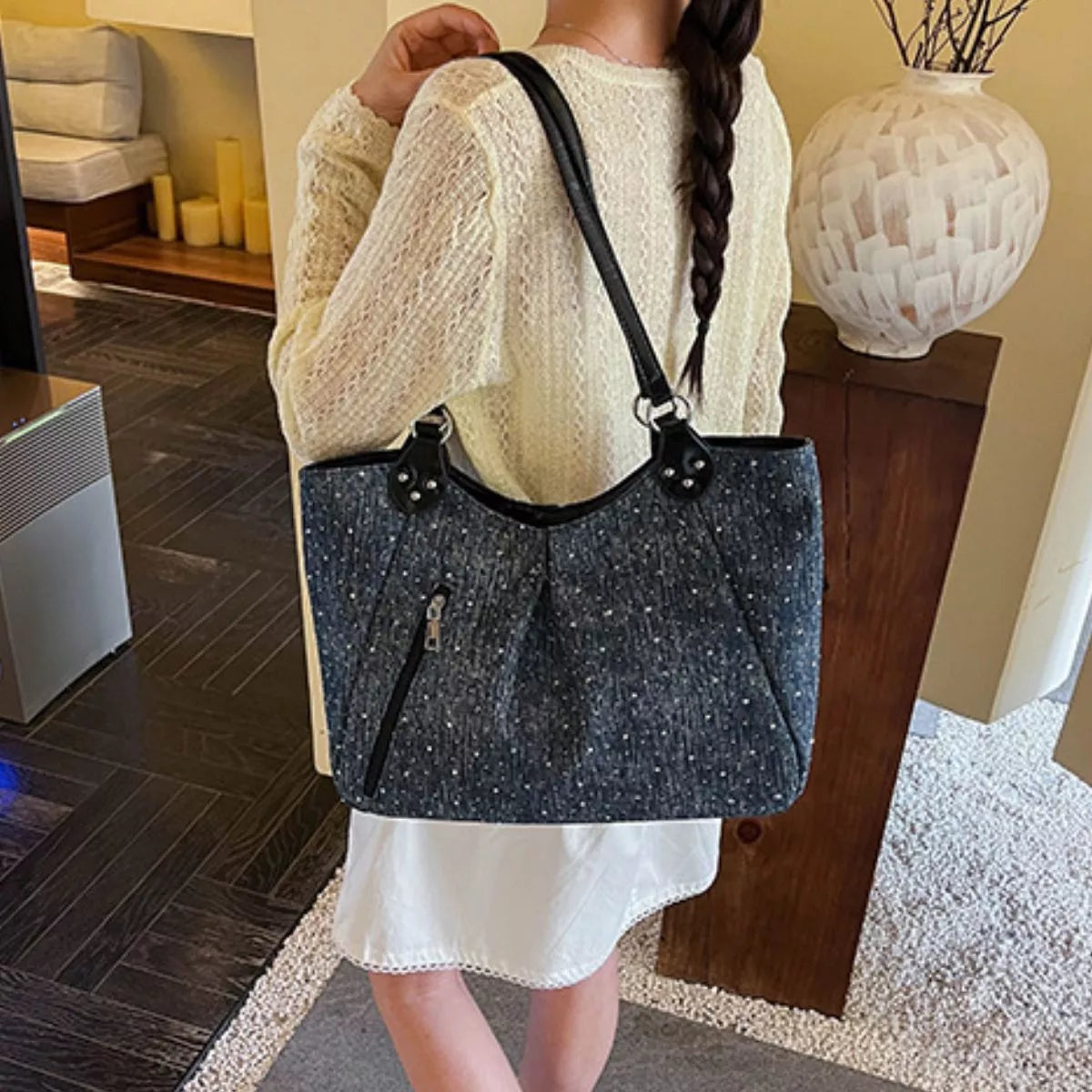 Polka Dot Denim Shoulder Bag