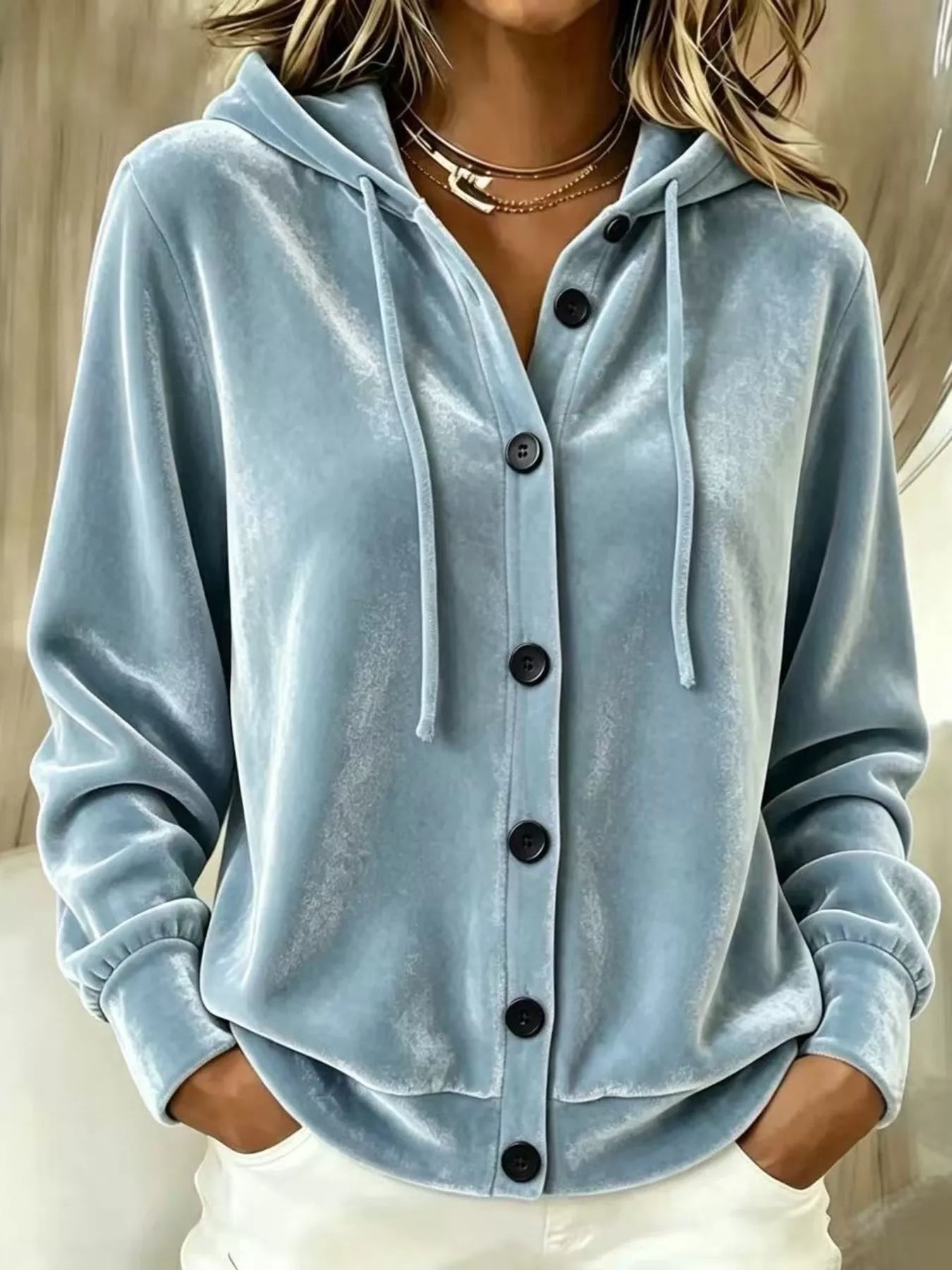 Full Size Velvet Button-Down Hooded Outerwear Plus Size