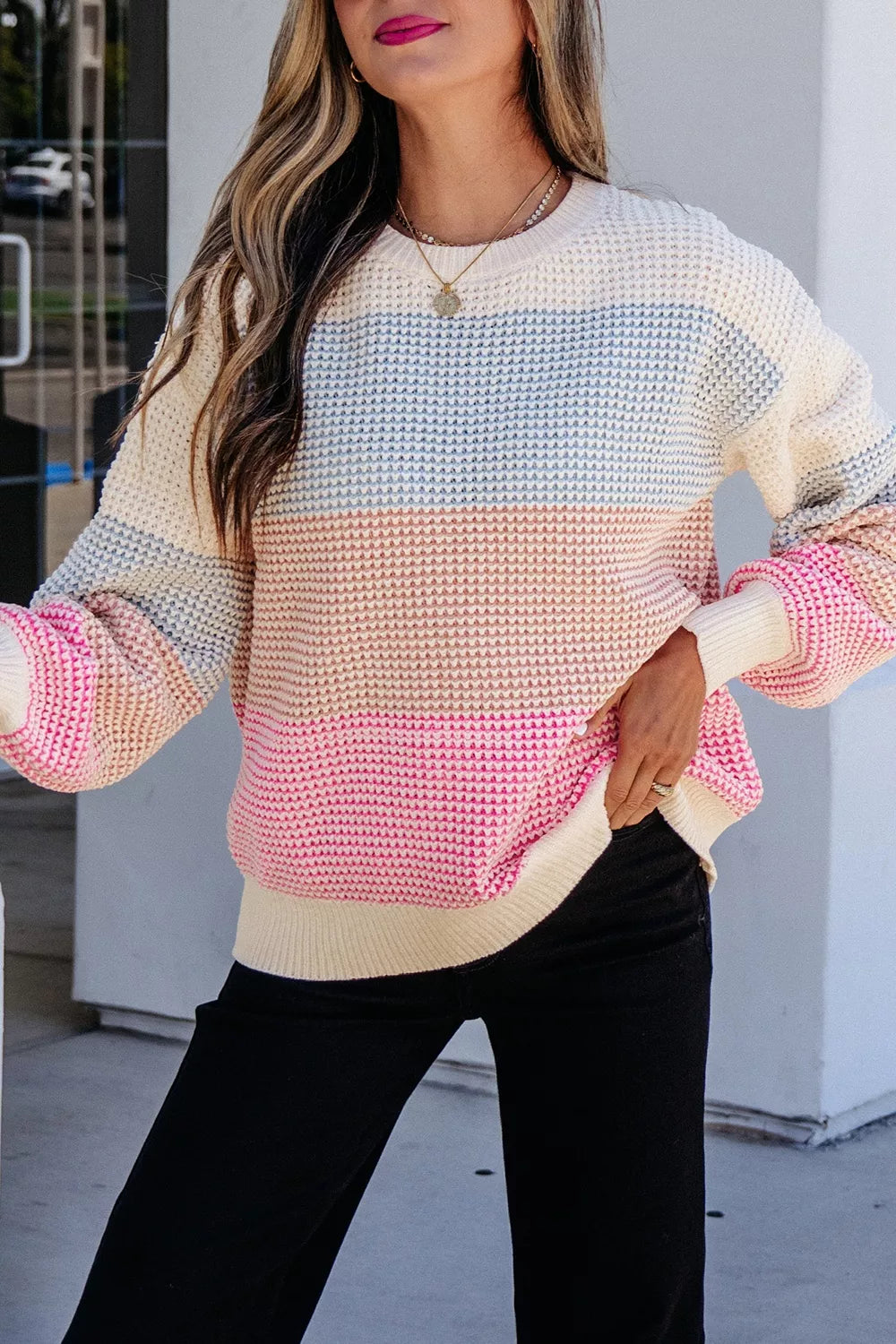 Color Block Waffle Knit Drop Shoulder Round Neck Long Sleeve Sweater