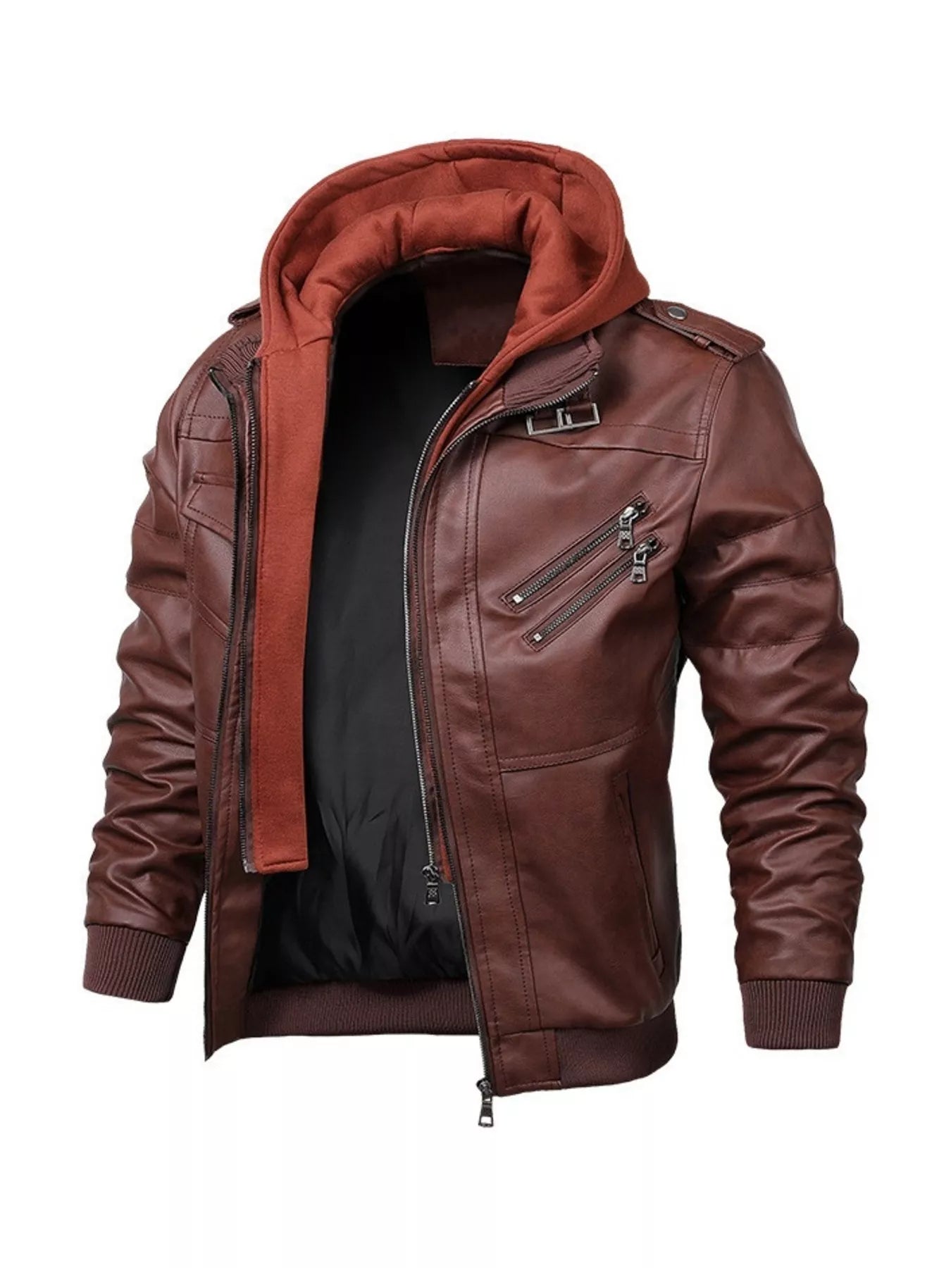 Men's Full Size Hooded Faux Leather Moto Jacket Plus Size