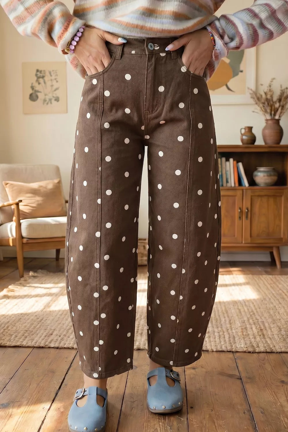 Tailored Seam Polka Dot Print Barrel Casual Jeans