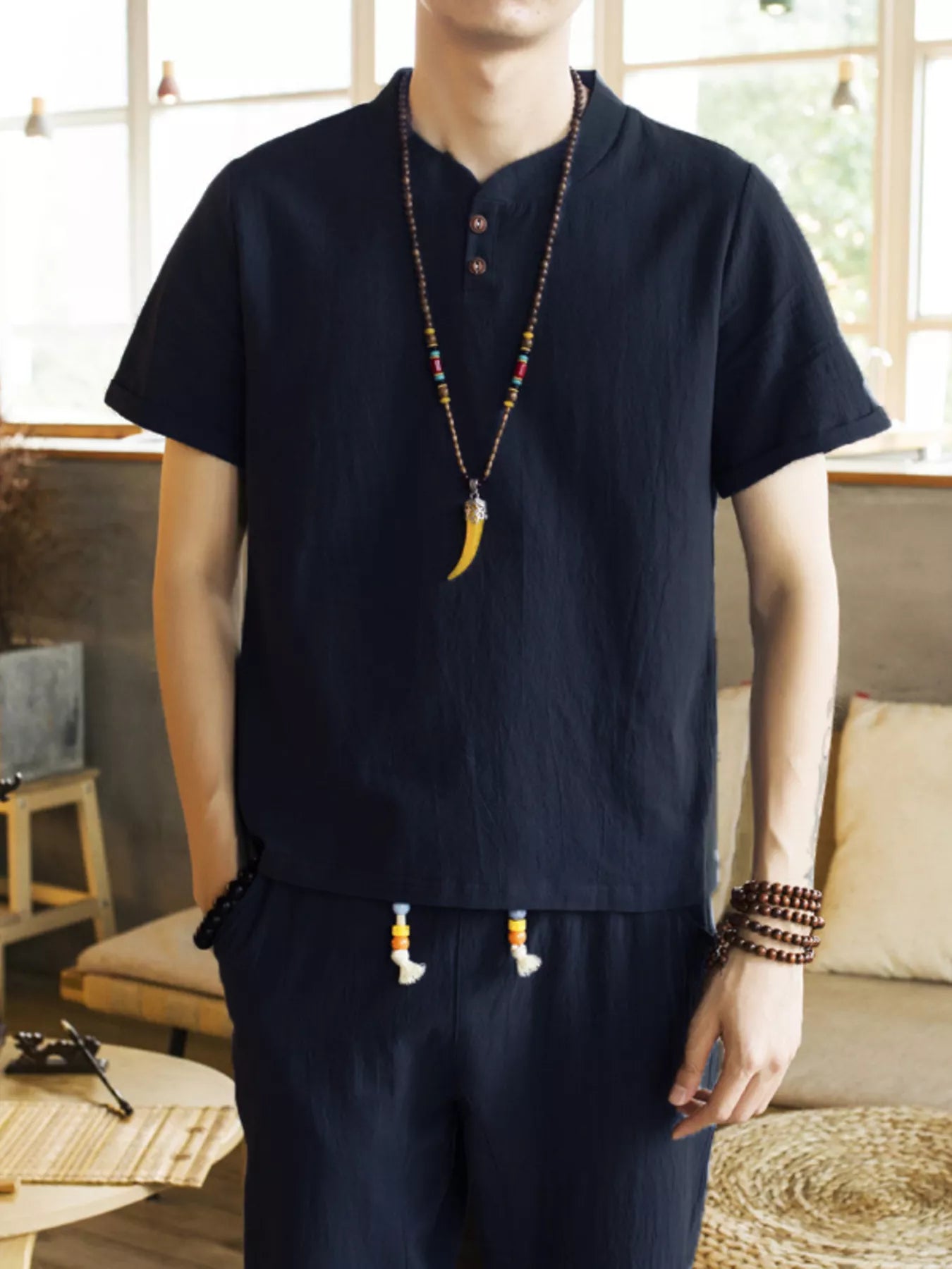 Men's Plus Size Button Detail Short Sleeve Top and Pants Set