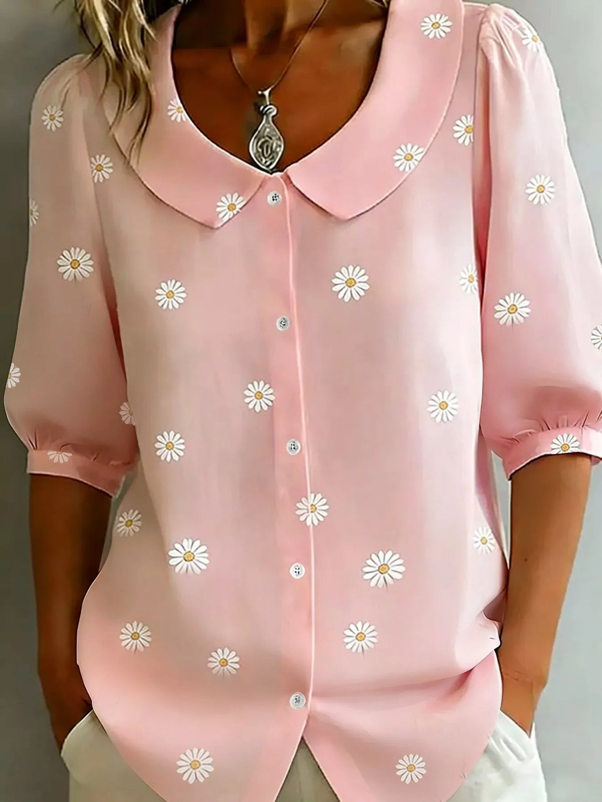 Daisy Print Peter Pan Collar Button-Down Shirt