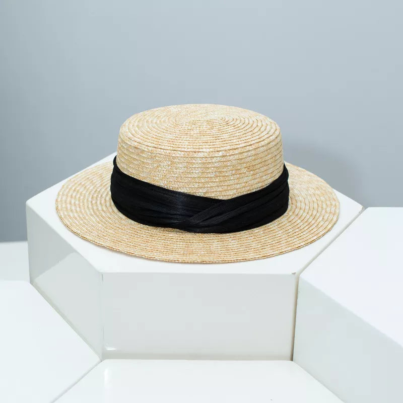 Straw Boater Hat with Ribbon Accent