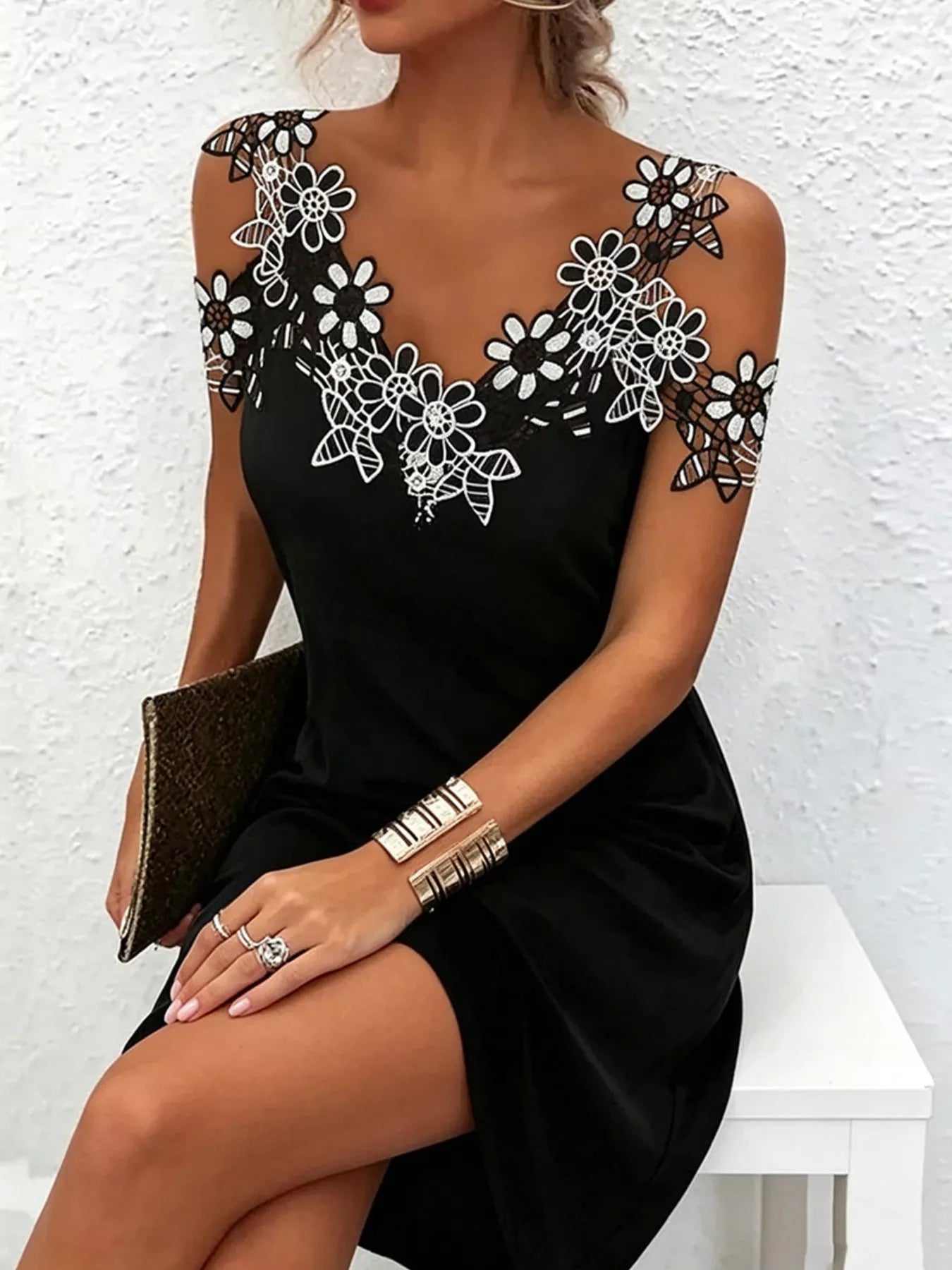 Lace Floral Trim Cold Shoulder Mini Dress