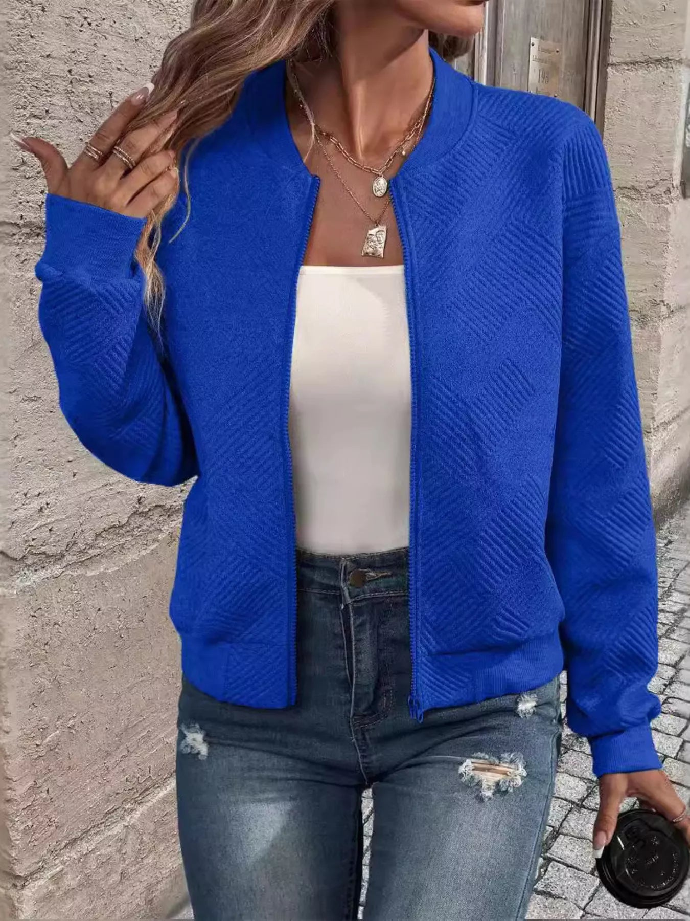 Textured Knit Zip-Up Jacket
