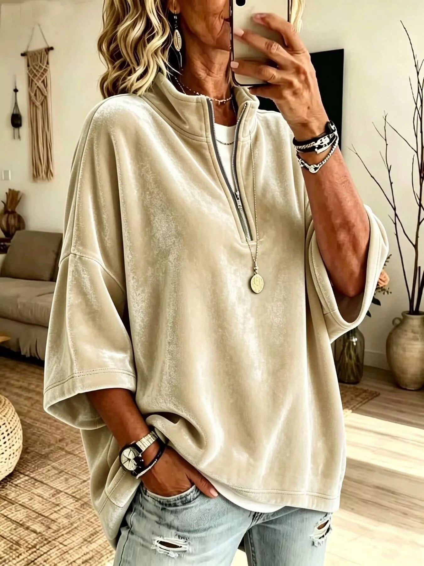 Full Size Velvet Quarter-Zip Sweatshirt Plus Size