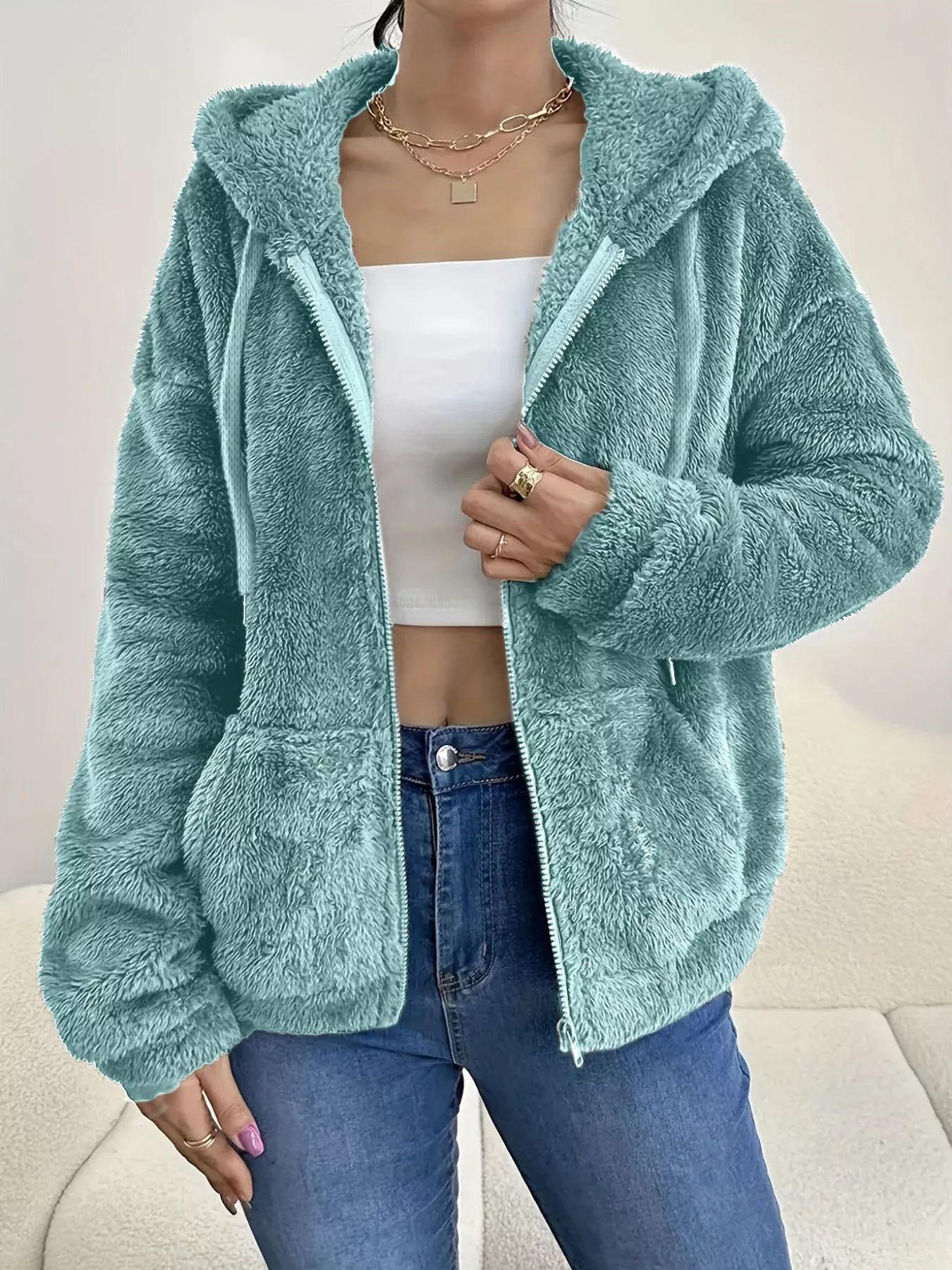 Drawstring Fleece Zip-Up Outerwear