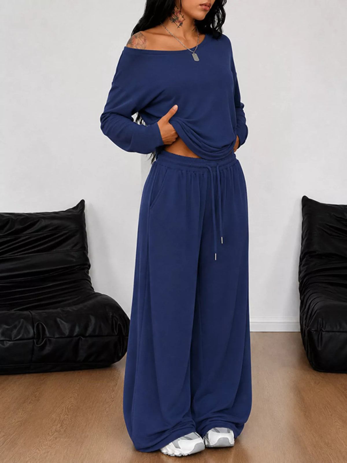 Full Size One-Shoulder Top and Drawstring Pants Set Plus Size