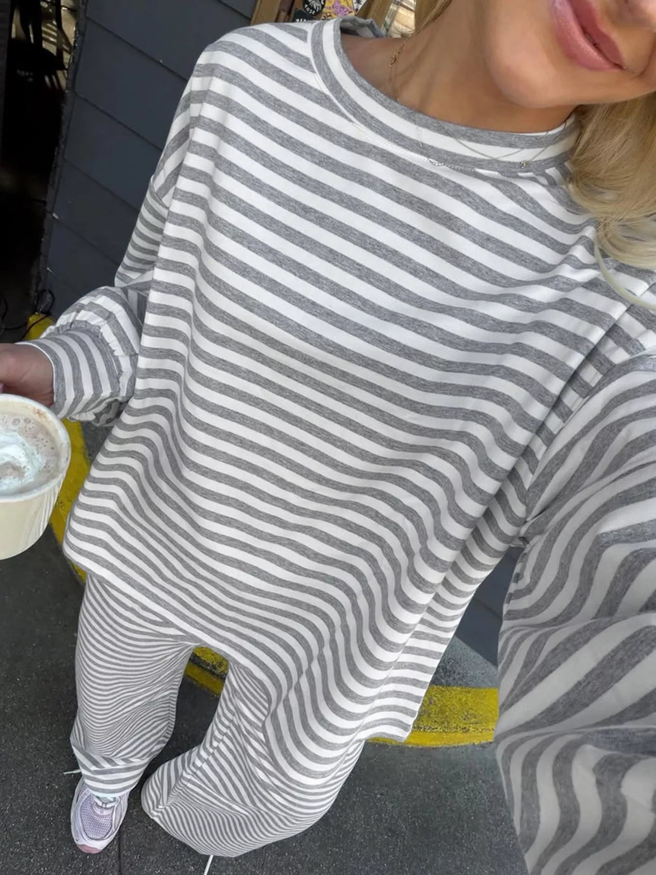 Striped Round Neck Top and Pants Set