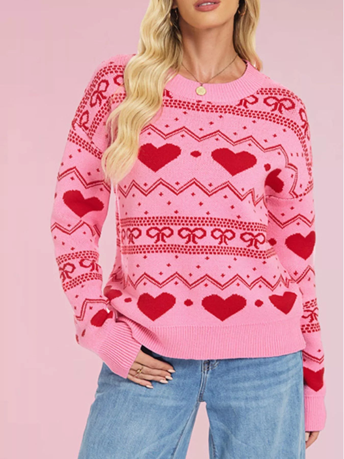 Heart Pattern Dropped Shoulder Sweater