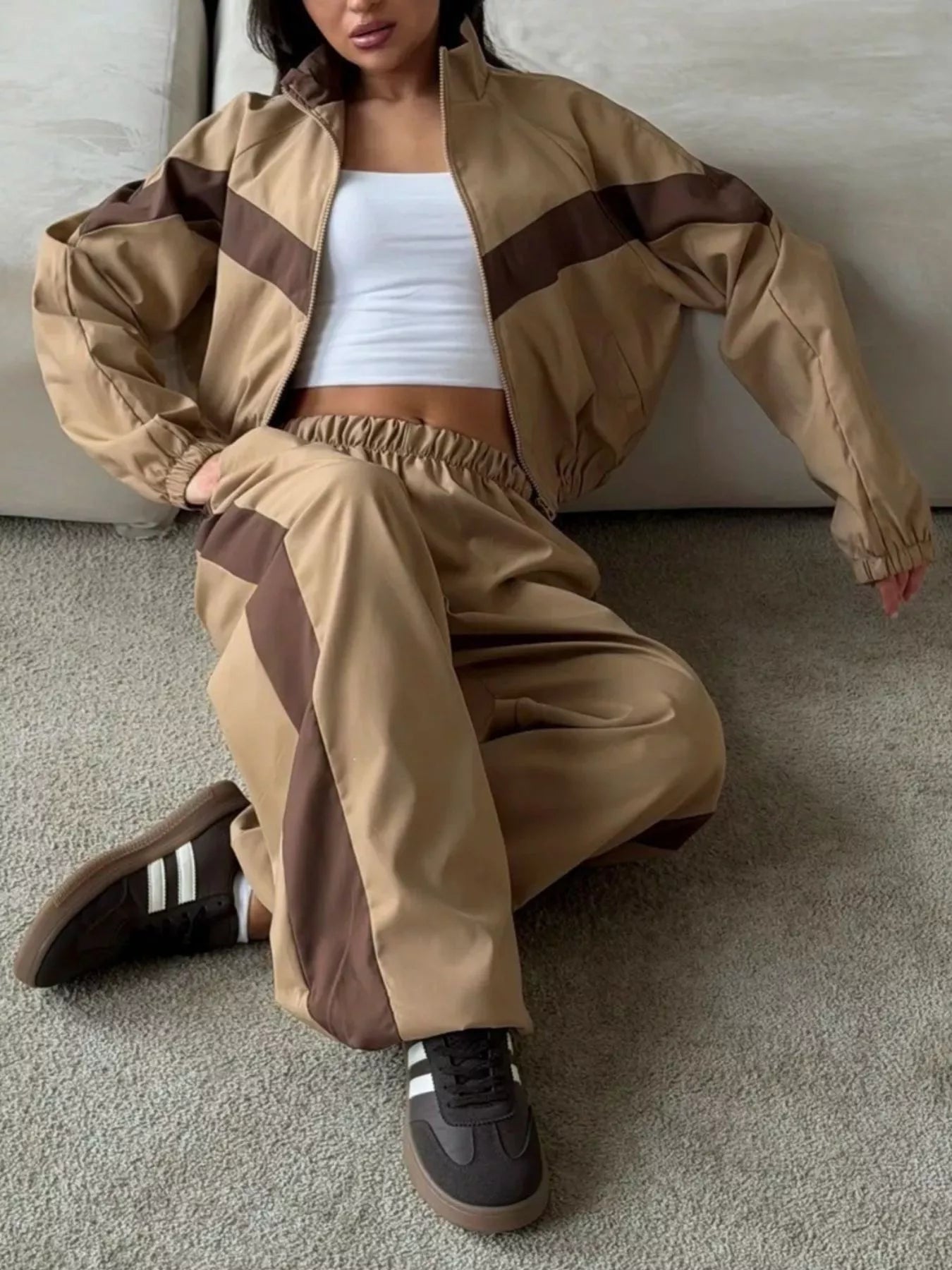 Color Block Zip Up Outerwear and Pants Set