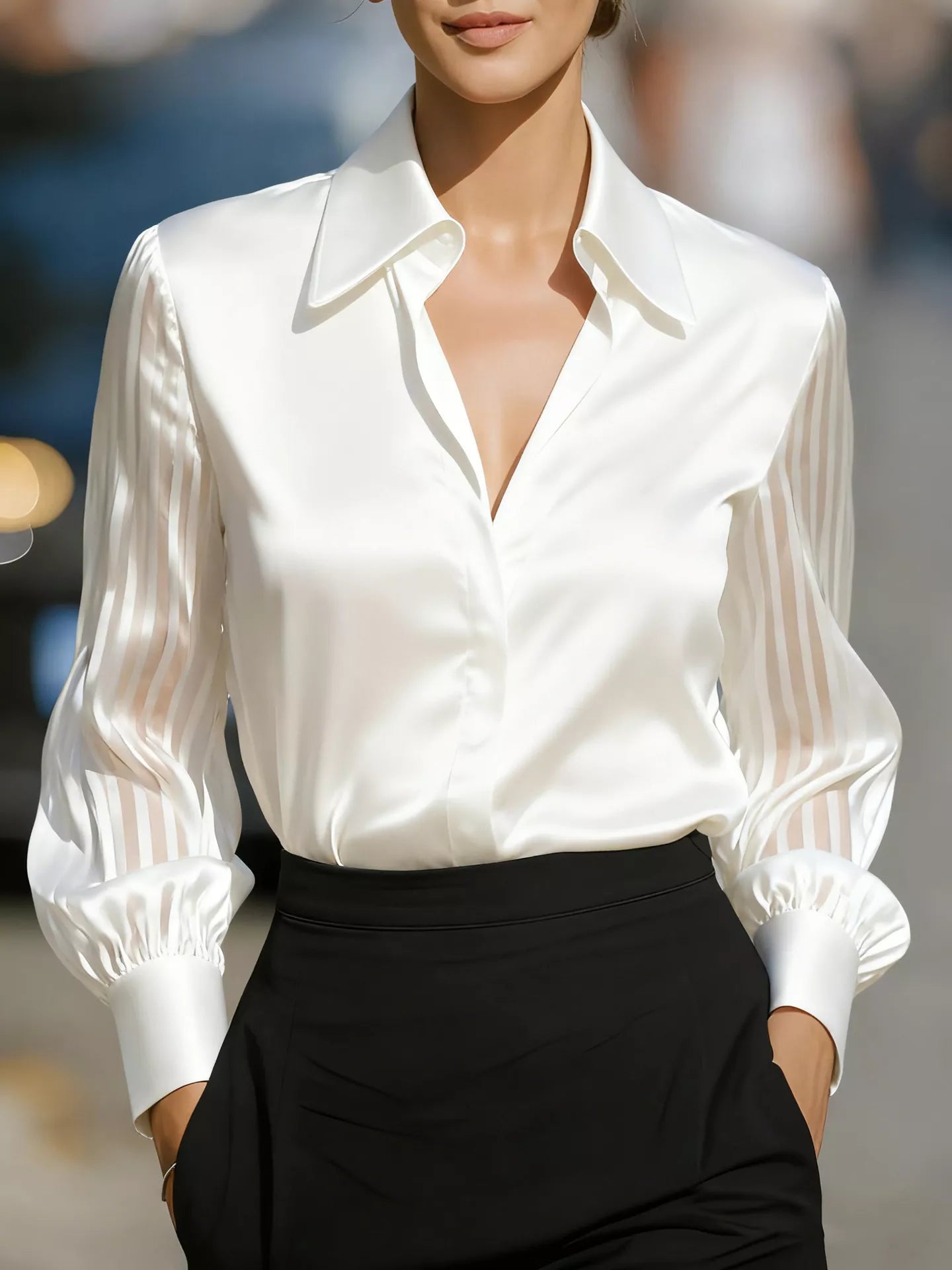 Elegant Shirt with Sheer Striped Sleeves