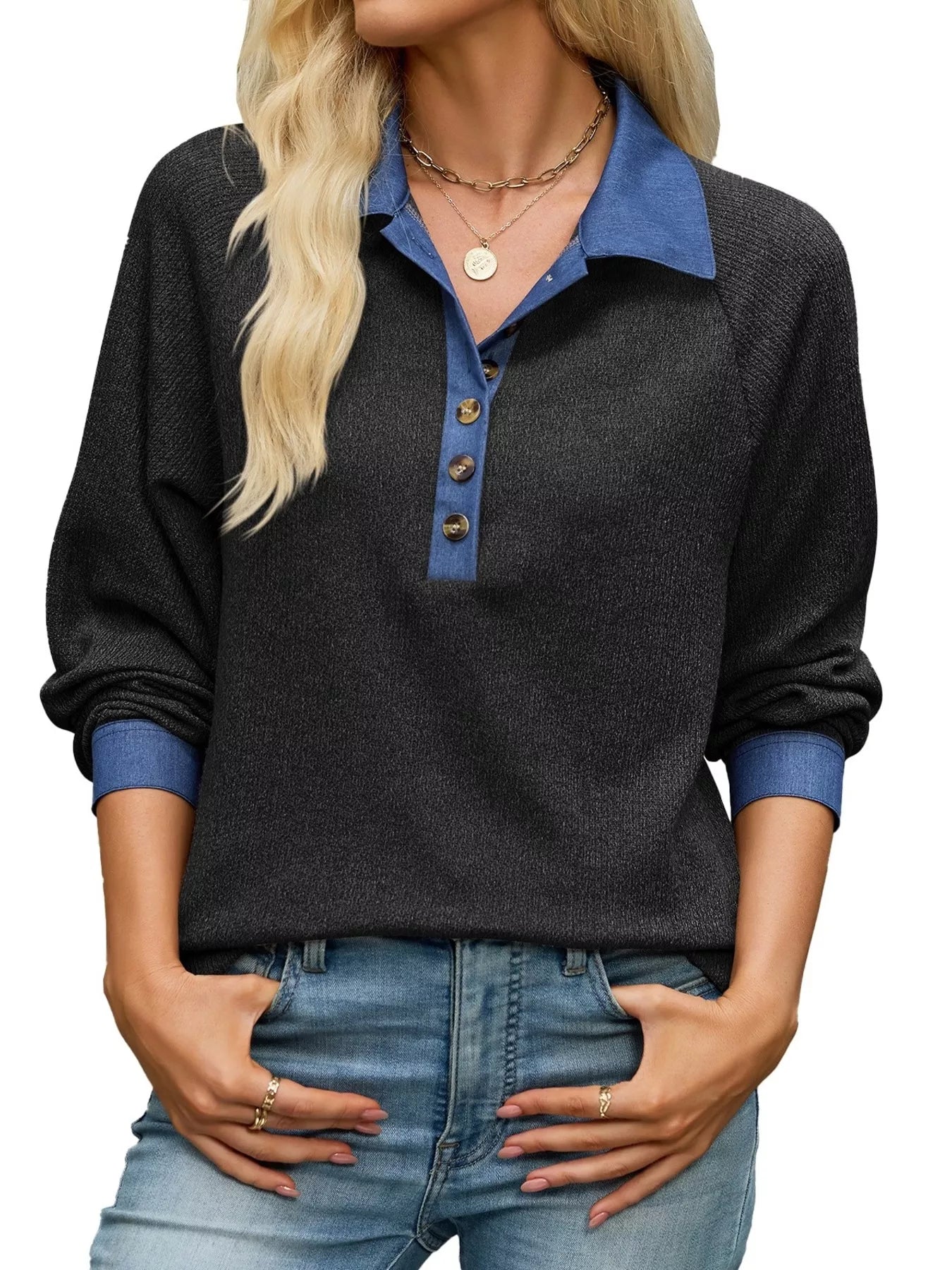 Button Detail Raglan Sleeve Top