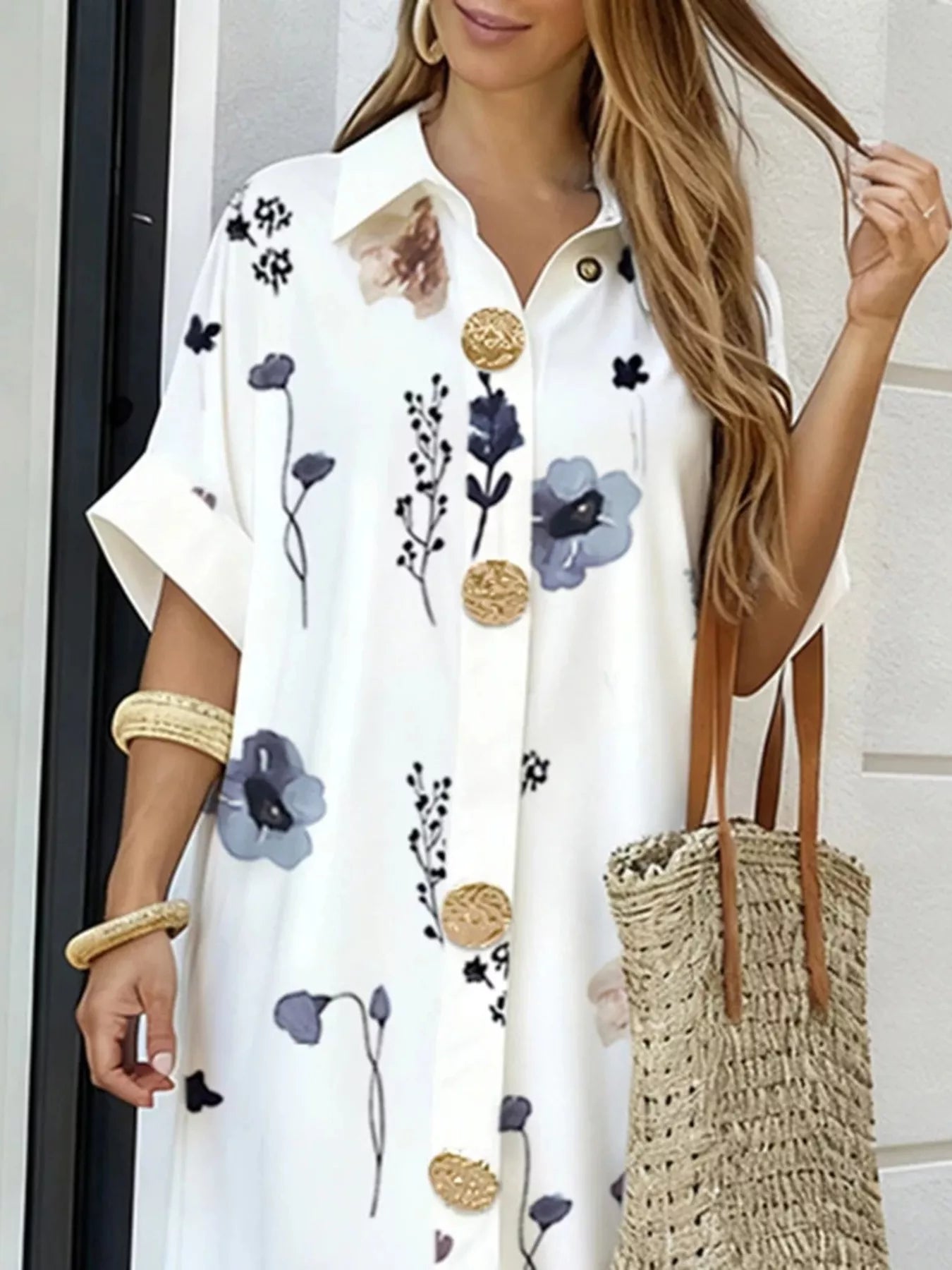 Floral Print Button-Down Maxi Shirt Dress