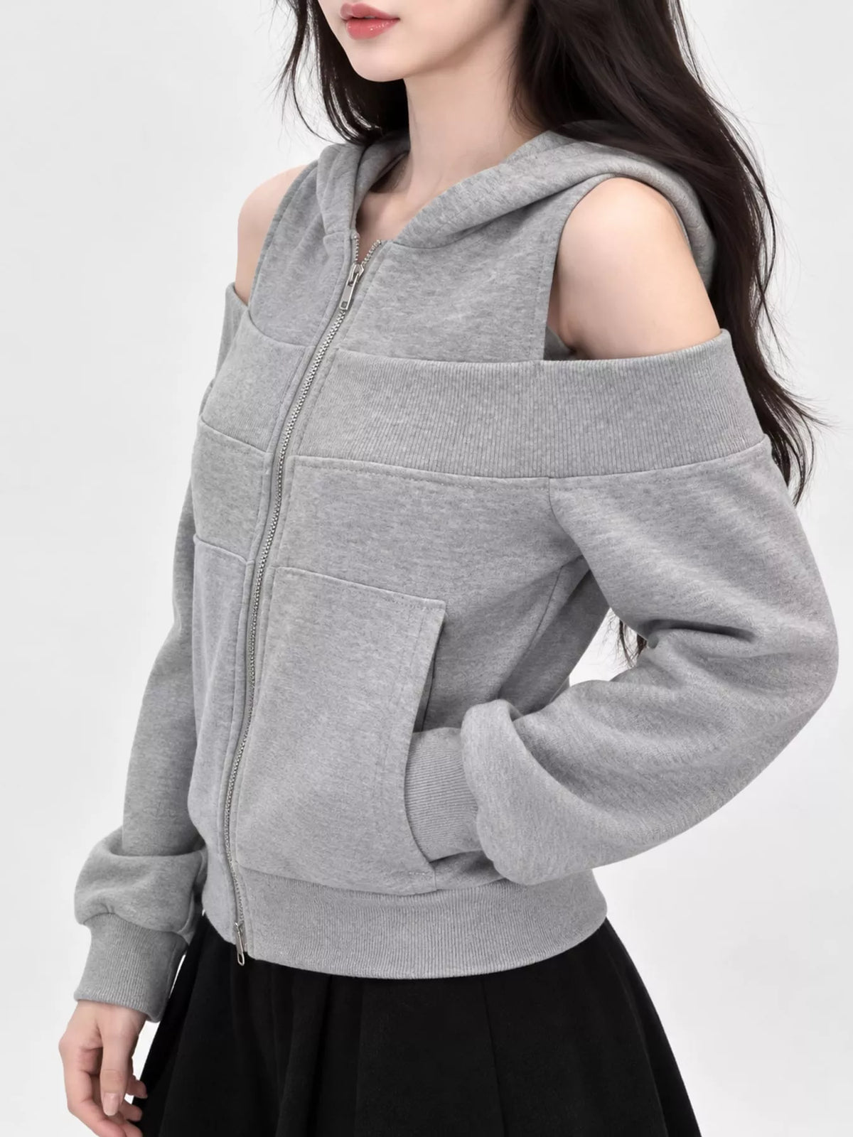 Cold Shoulder Zip-Up Hoodie
