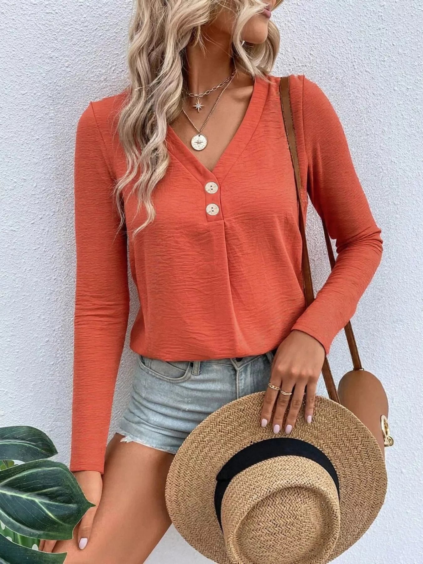 Full Size V-Neck Decor Button Long Sleeve T-Shirt Plus Size