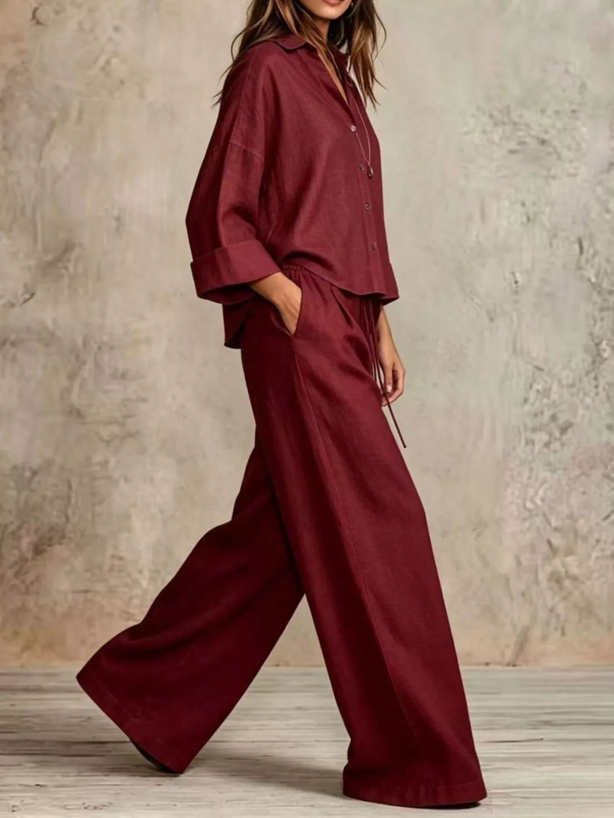 Full Size Button-Down Shirt and Wide-Leg Pants Set Plus Size