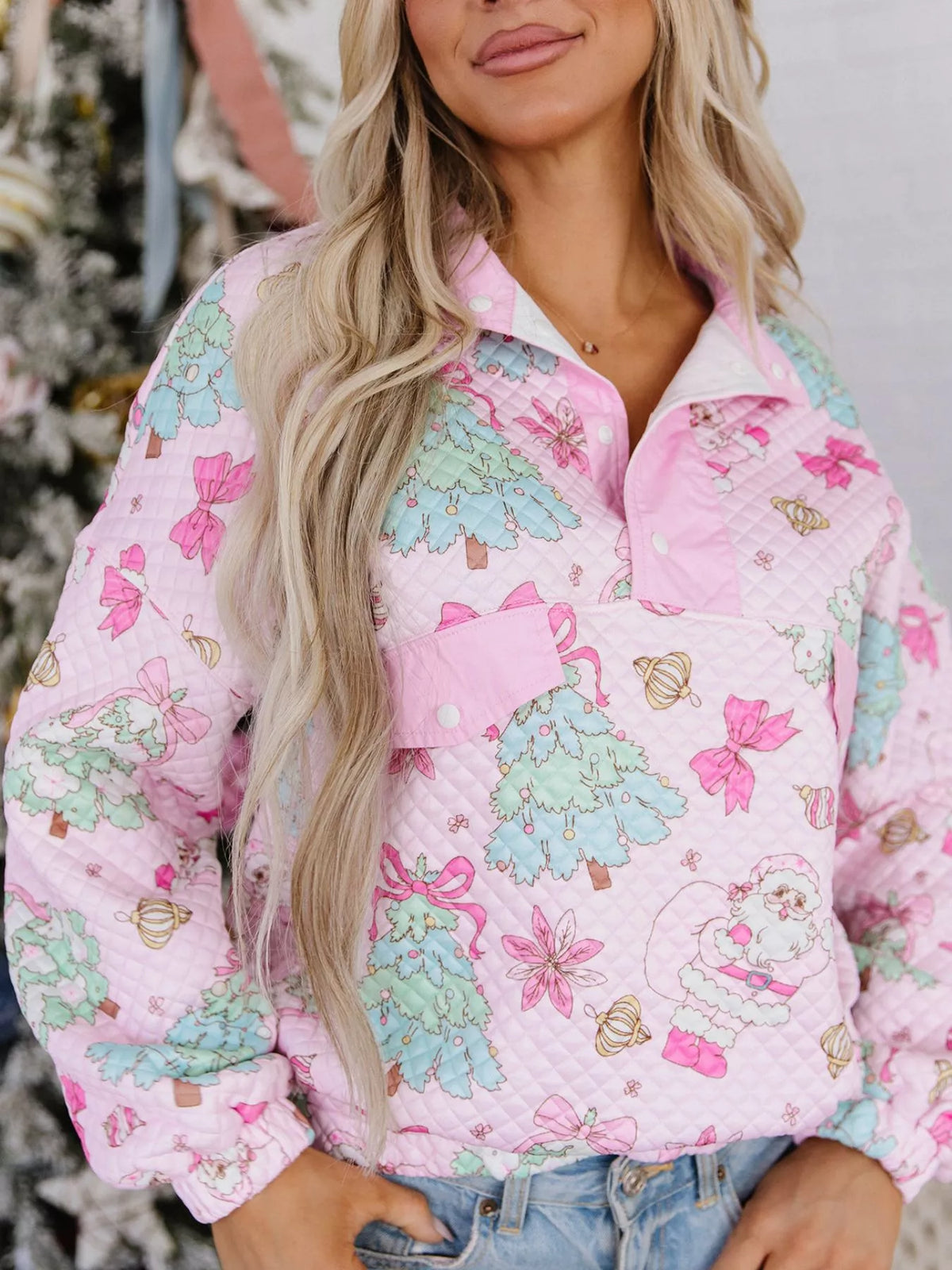 Christmas Print Collar Half Button Loose Sweatshirt