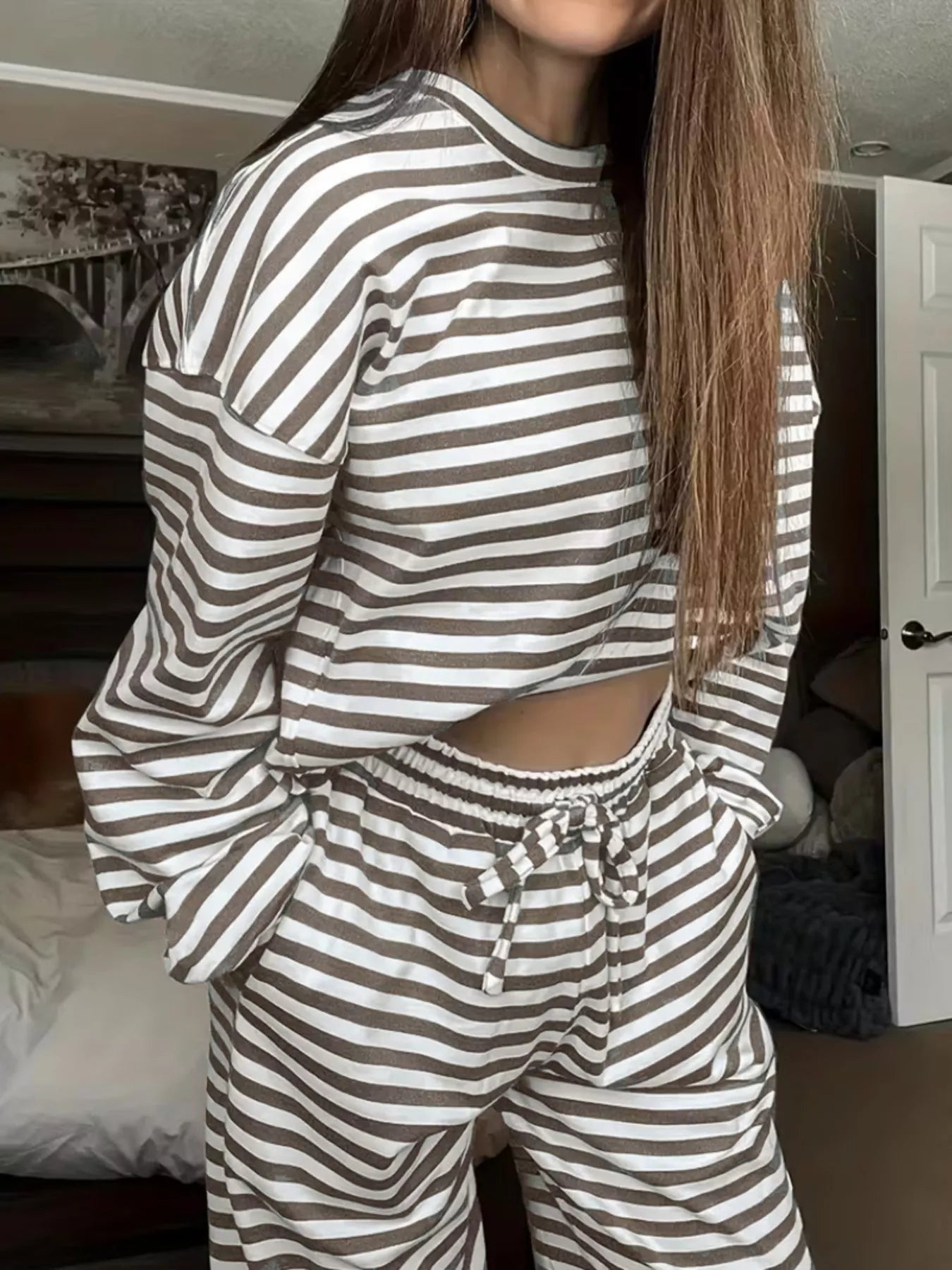 Striped Dropped Shoulder Top and Pants Set
