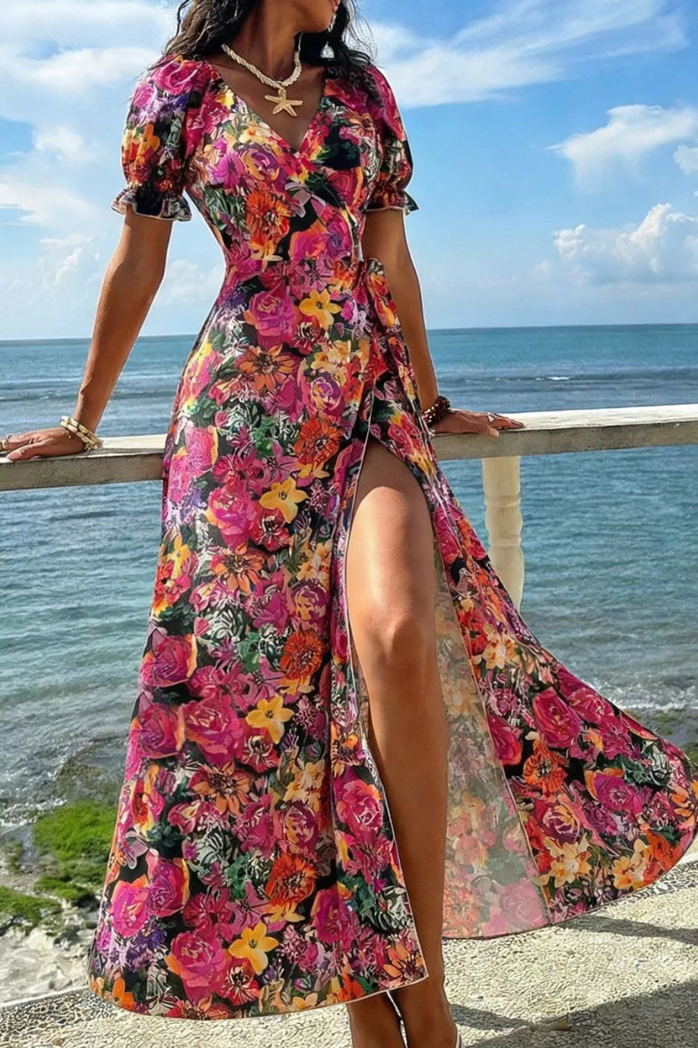 Slit Floral Short Sleeve Maxi Dress