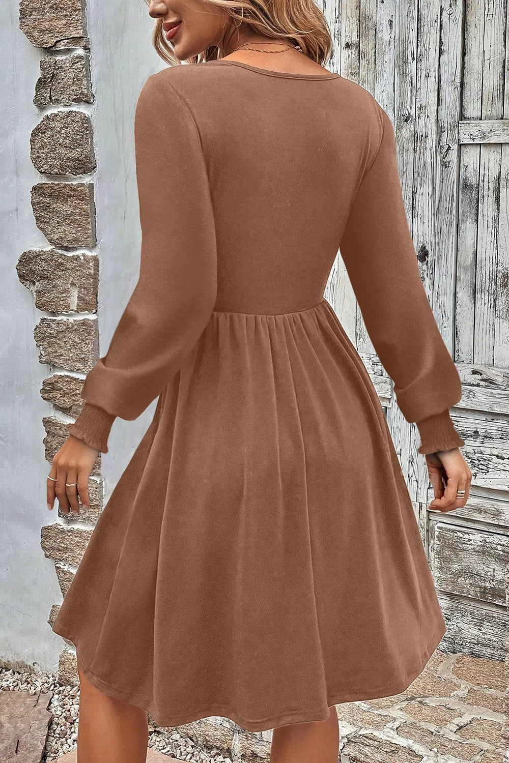 Shirred Cuff Long Sleeve Button Round Neck Mini Dress