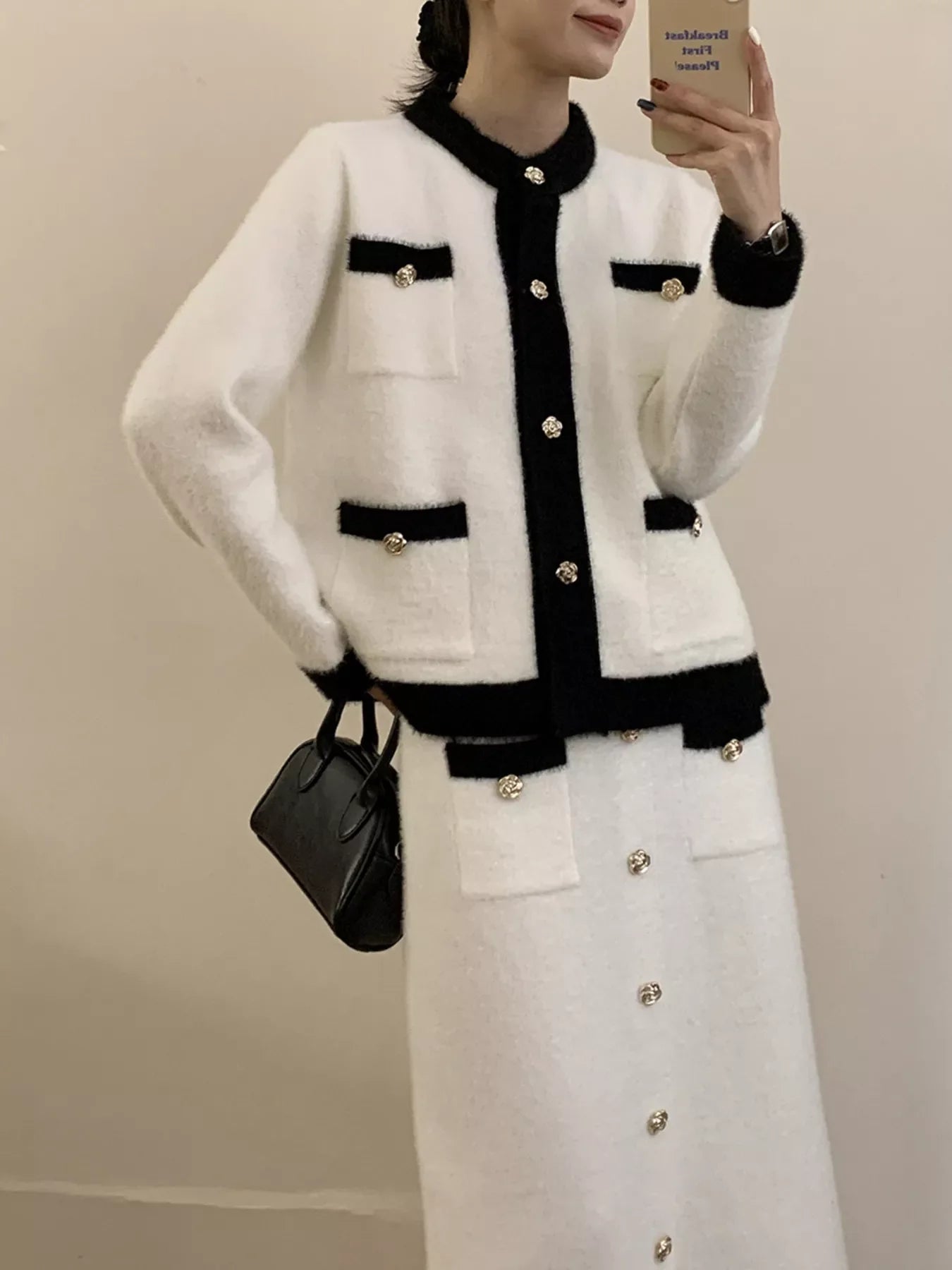 Contrast Trim Jacket and Skirts Sweater Set