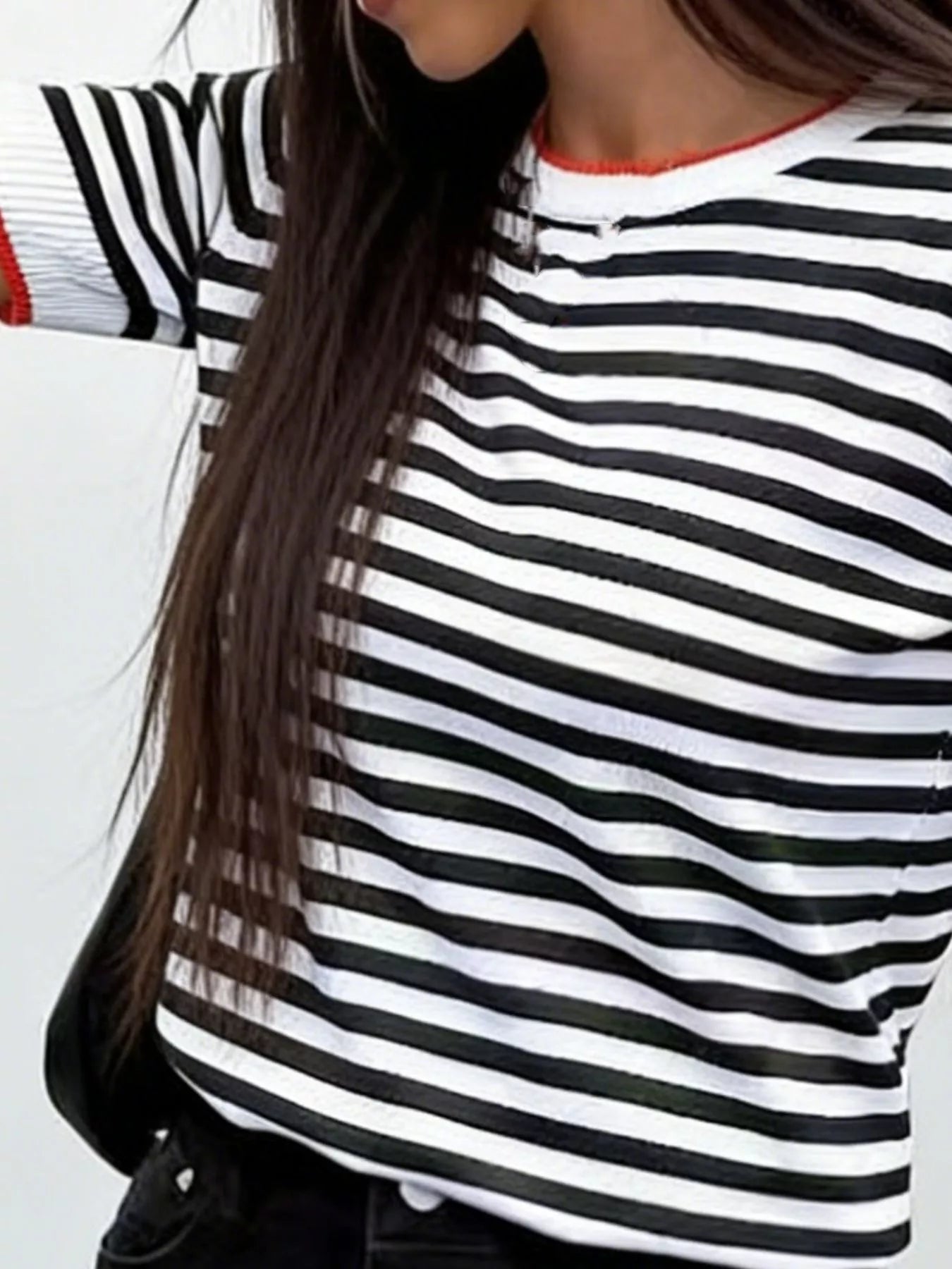 Contrast Trim Striped Short Sleeve Knit Top